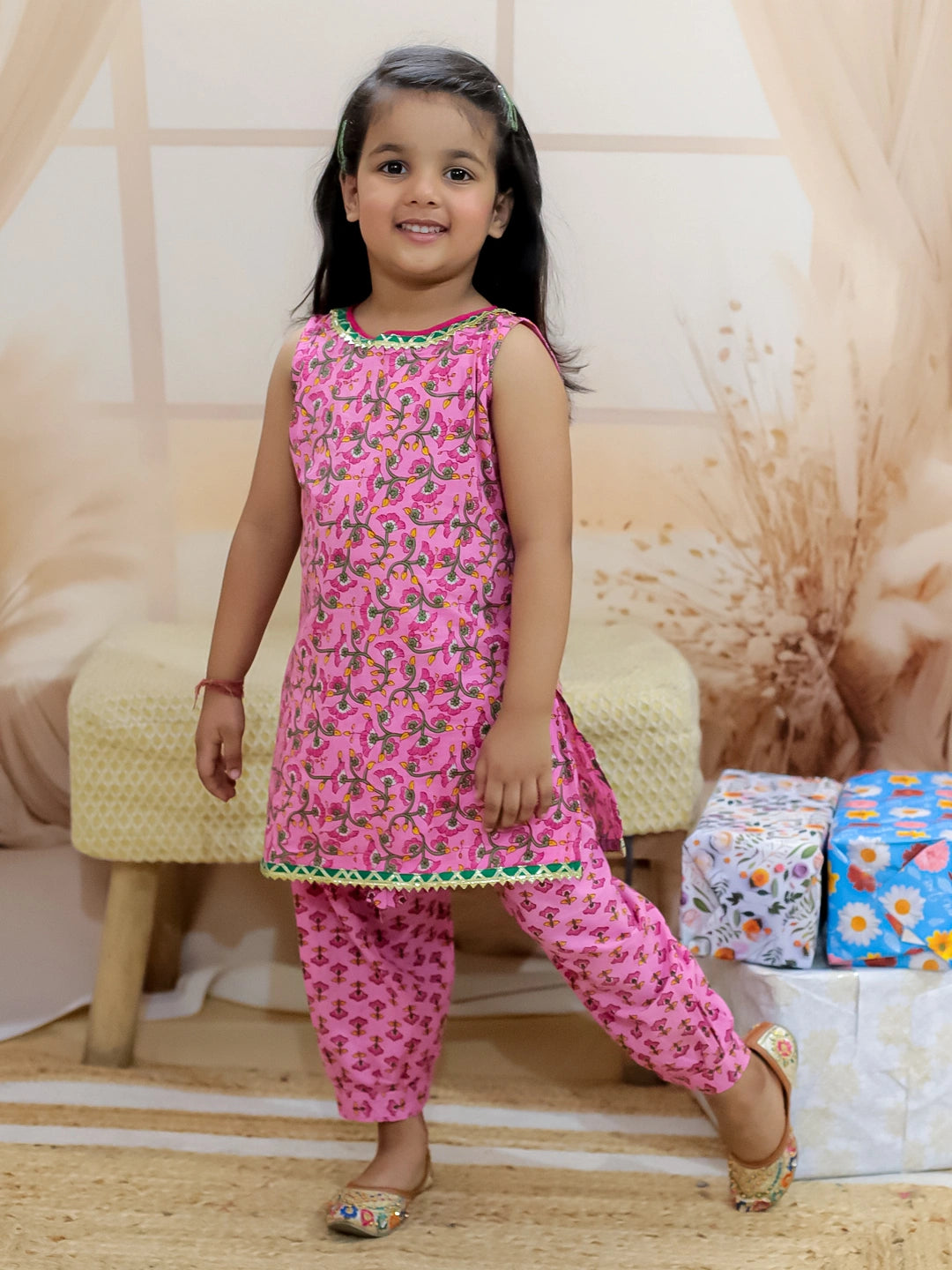 BownBee Pure Cotton Narrow Shoulder Kurti with Harem for Girls