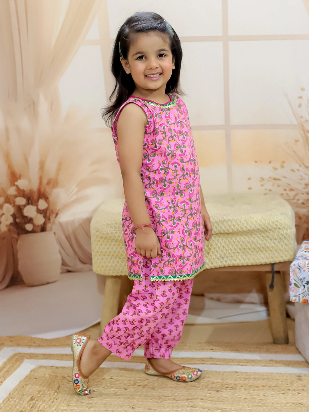 BownBee Pure Cotton Narrow Shoulder Kurti with Harem for Girls