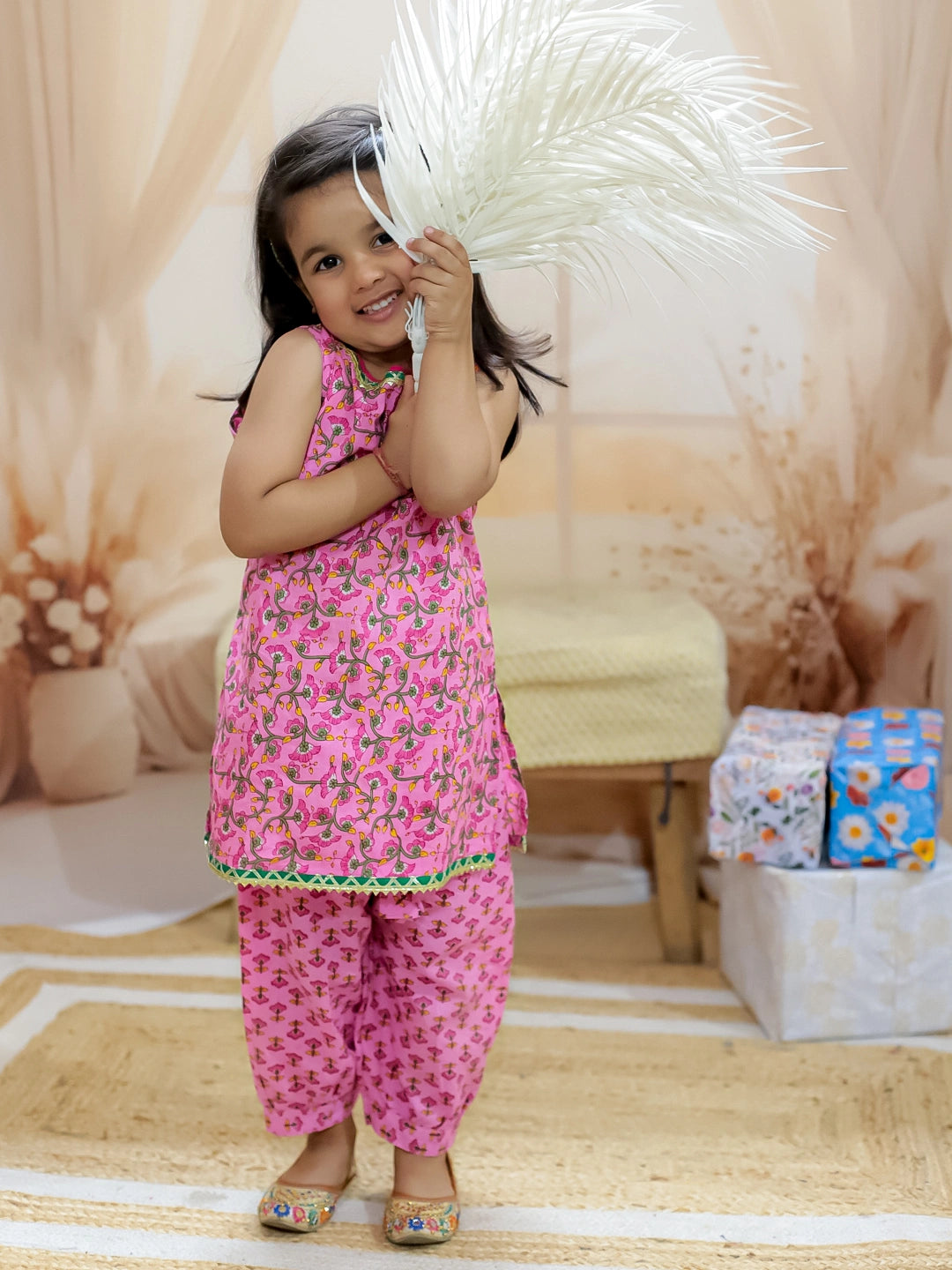 BownBee Pure Cotton Narrow Shoulder Kurti with Harem for Girls