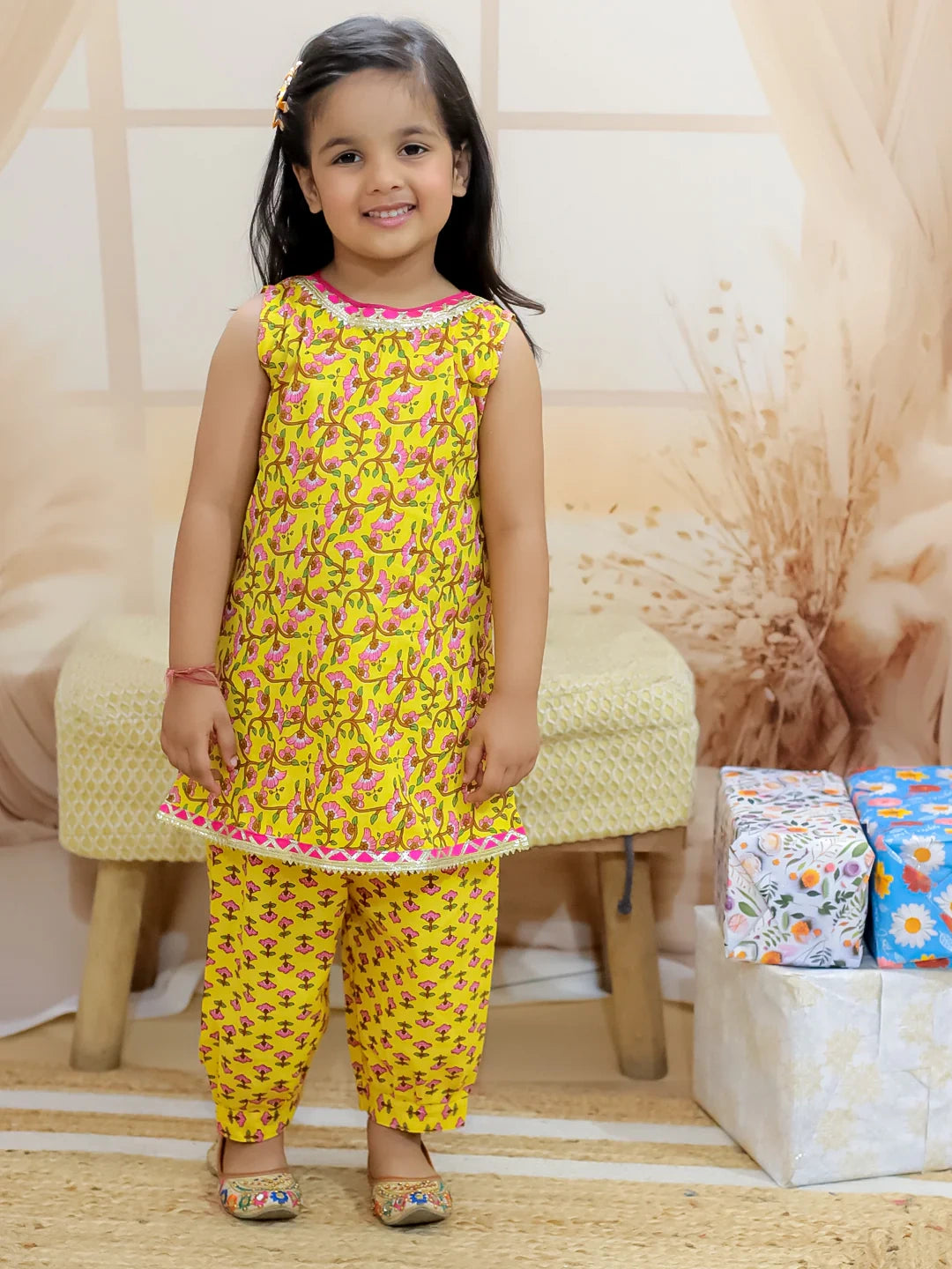 BownBee Pure Cotton Narrow Shoulder Kurti with Harem for Girls