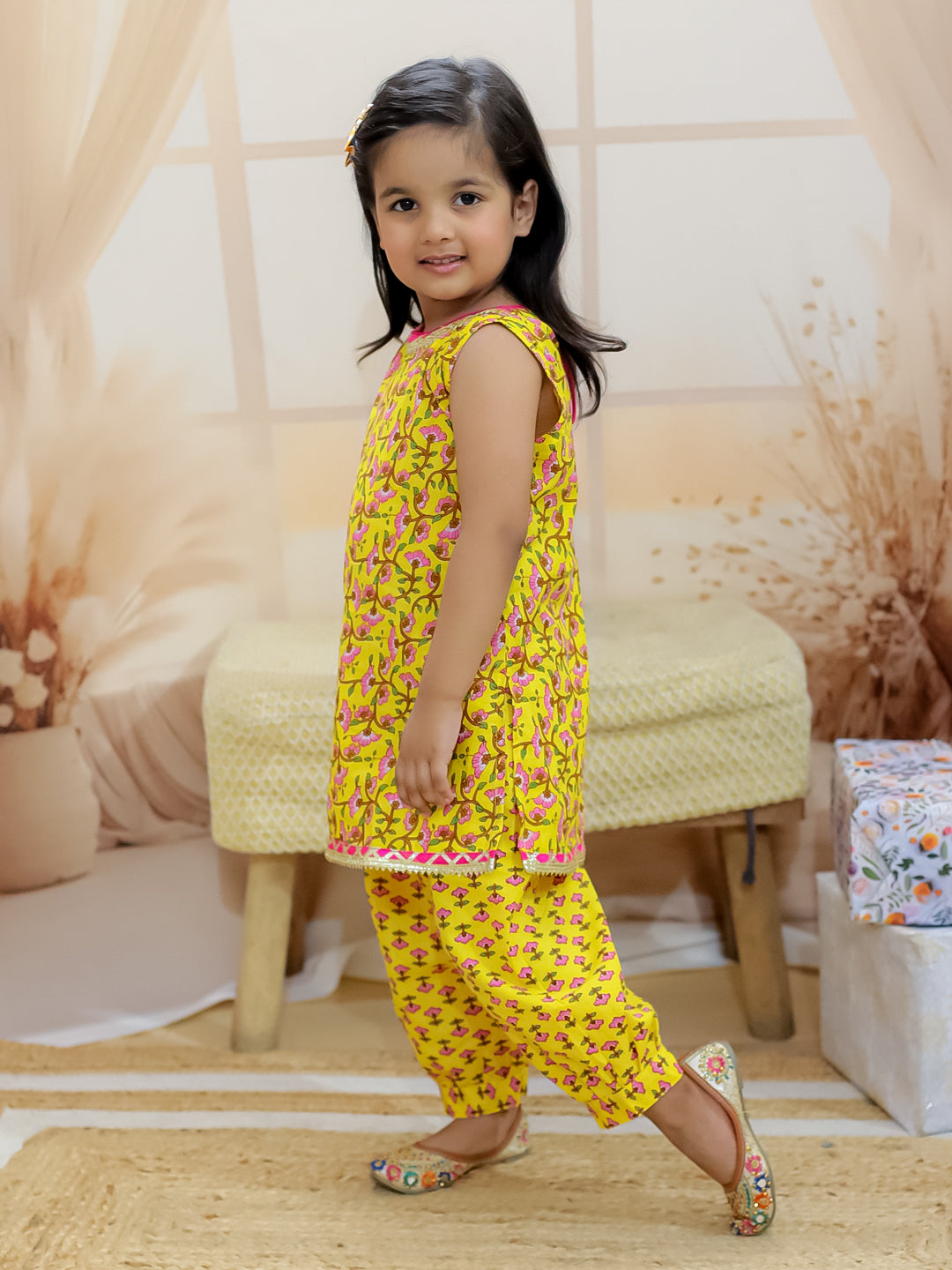 BownBee Pure Cotton Narrow Shoulder Kurti with Harem for Girls- Yellow