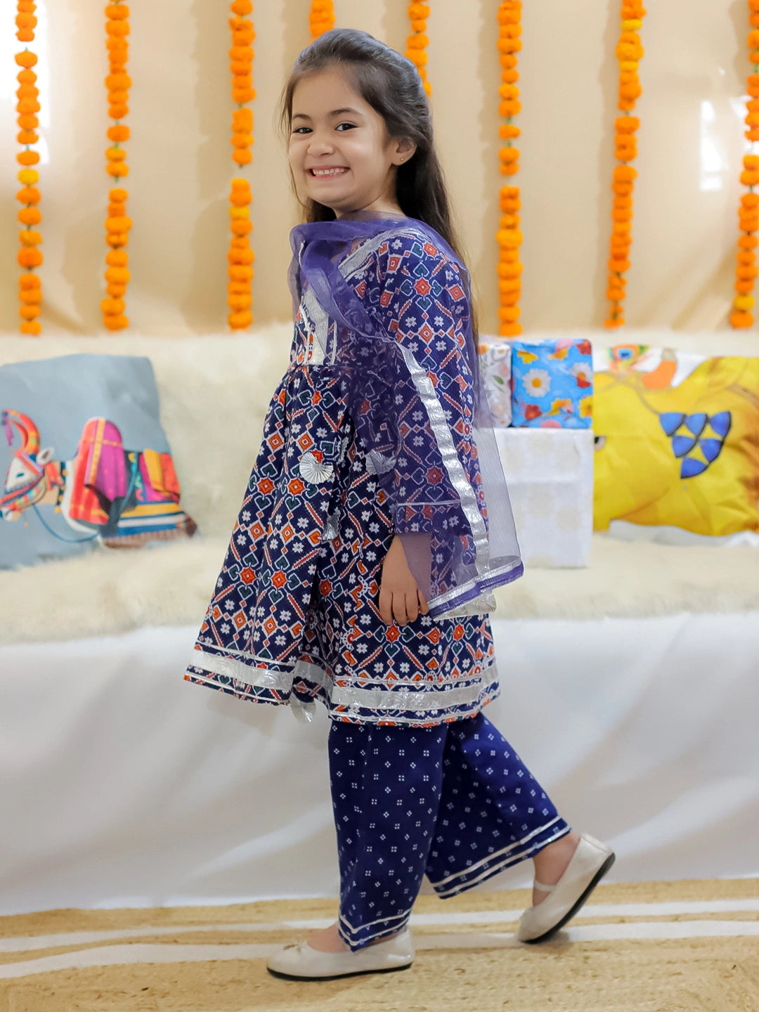 BownBee Pure Cotton Angrakha Kurti Pant With Dupatta for Girls
