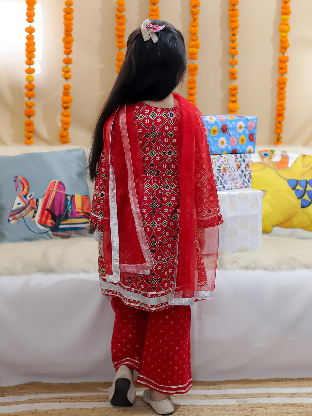 BownBee Girls Pure Cotton Angrakha Kurti Pant With Dupatta