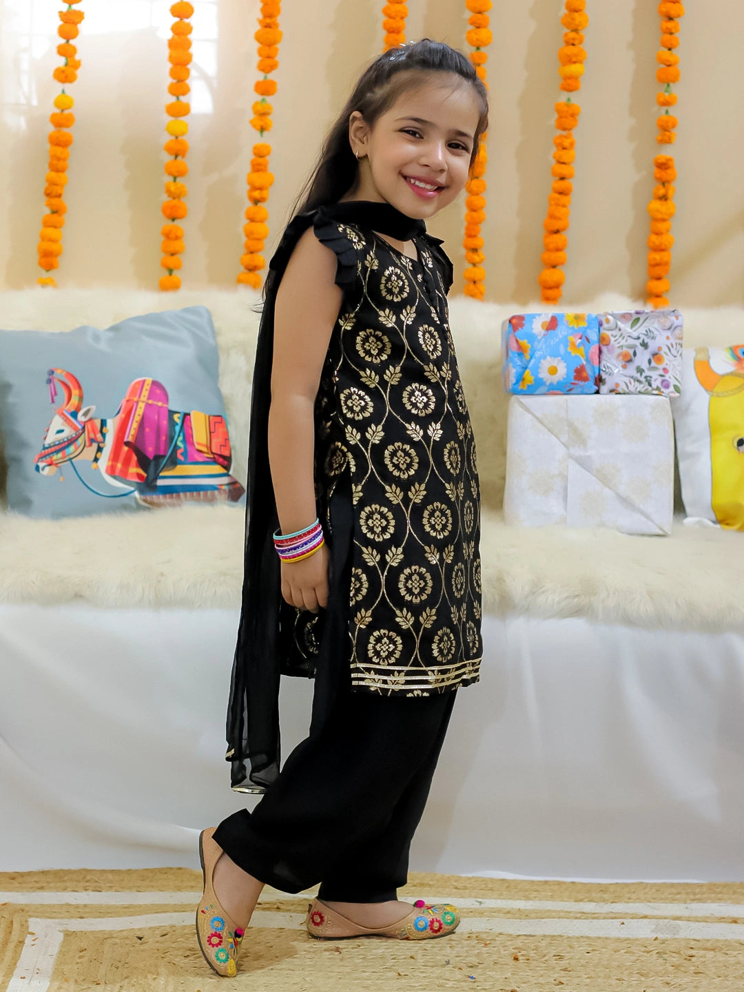 BownBee Girls Chanderi Kurti with Patiala Salwar and Dupatta
