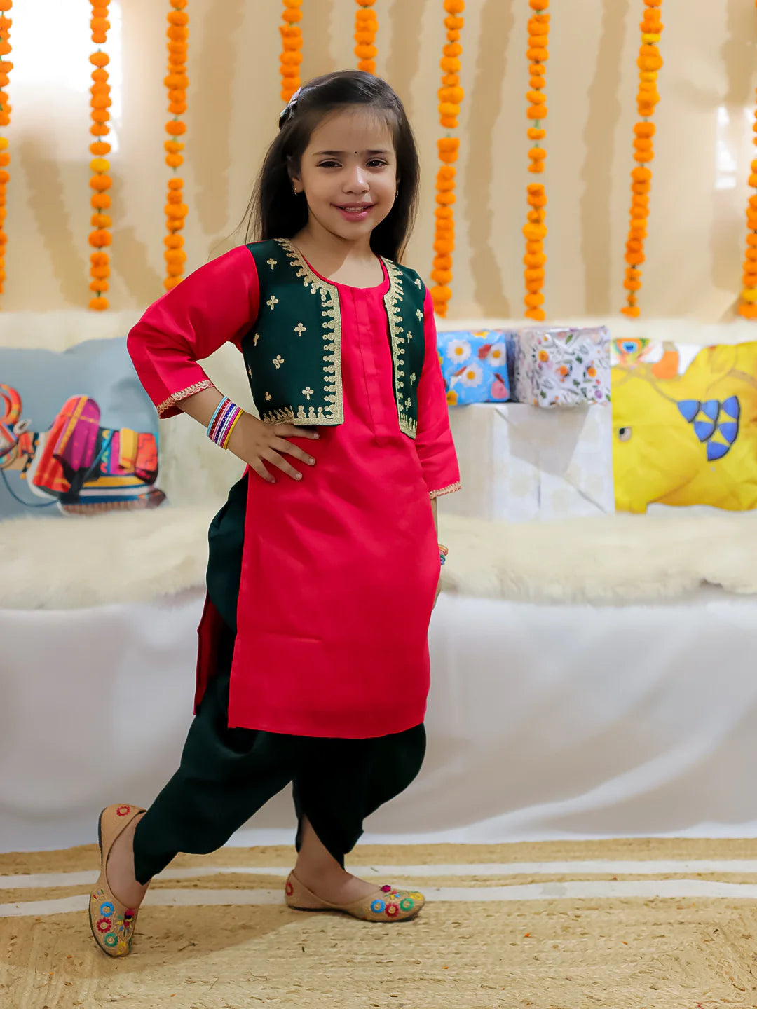 BownBee Sibling Set Embroidered Attached Jacket Kurta Pajama with Attached Jacket Kurti Dhoti