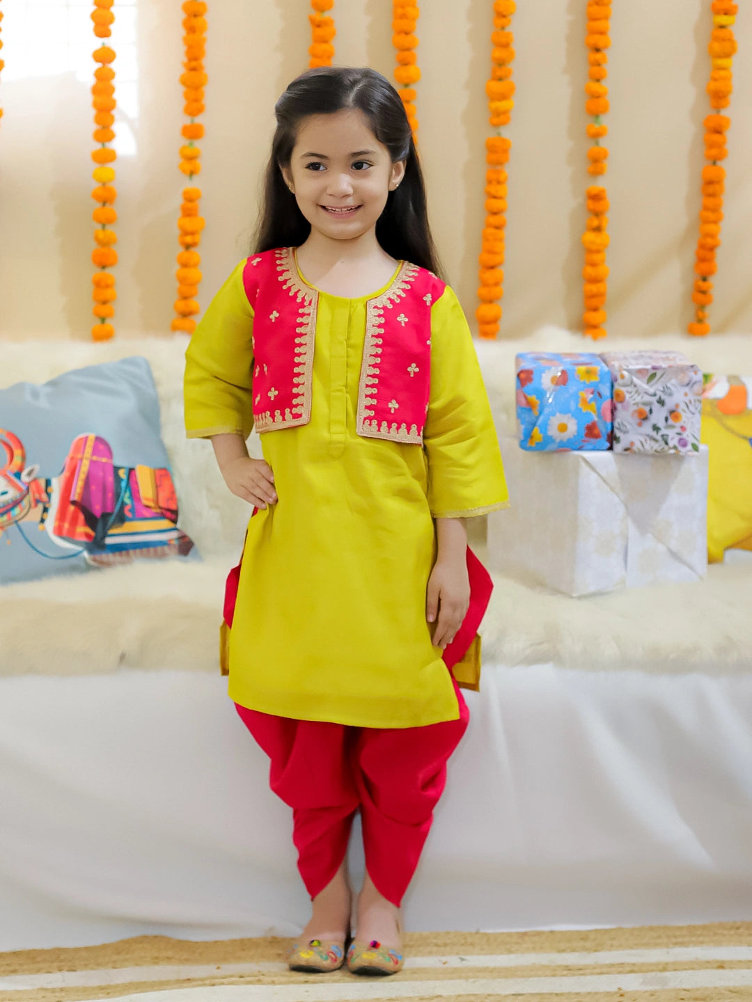 BownBee Girls Embroidered Attached Jacket Kurti with Dhoti