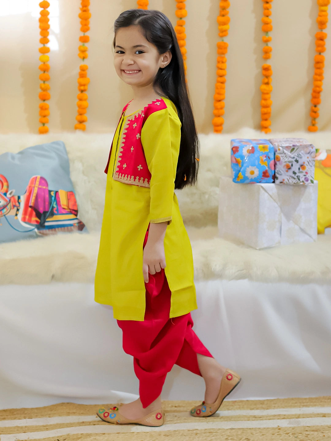 BownBee Girls Embroidered Attached Jacket Kurti with Dhoti
