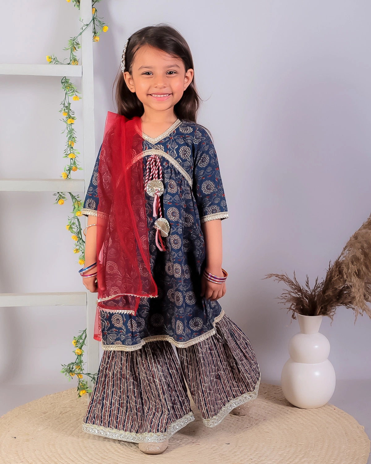 BownBee Alia Cut Pure Cotton Printed Kurta with Sharara and Dupatta for Girls