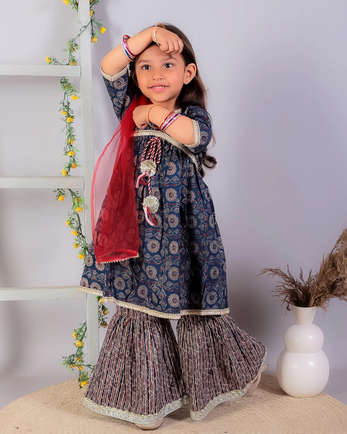 BownBee Alia Cut Pure Cotton Printed Kurta with Sharara and Dupatta for Girls