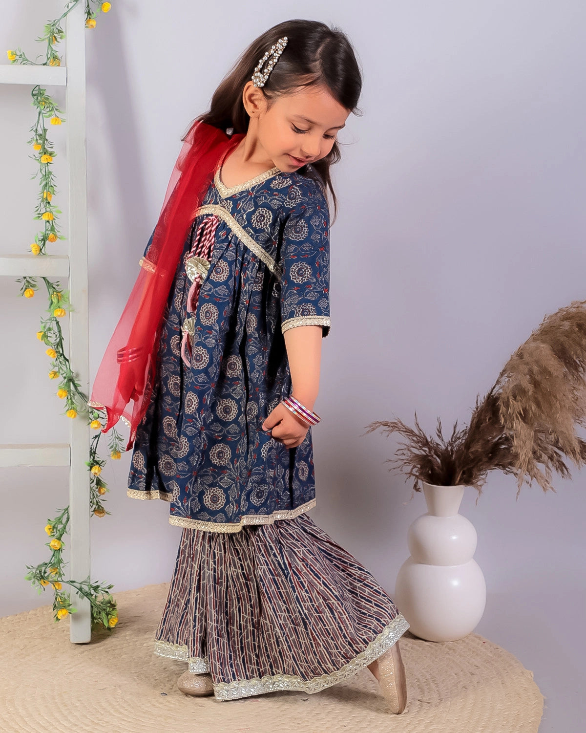 BownBee Alia Cut Pure Cotton Printed Kurta with Sharara and Dupatta for Girls