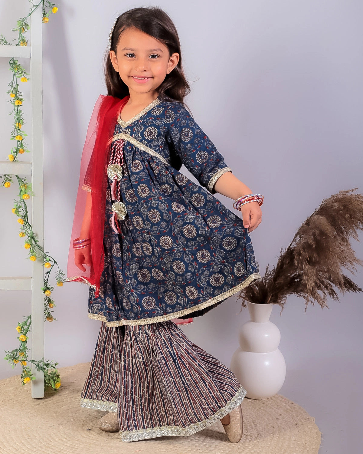 BownBee Alia Cut Pure Cotton Printed Kurta with Sharara and Dupatta for Girls