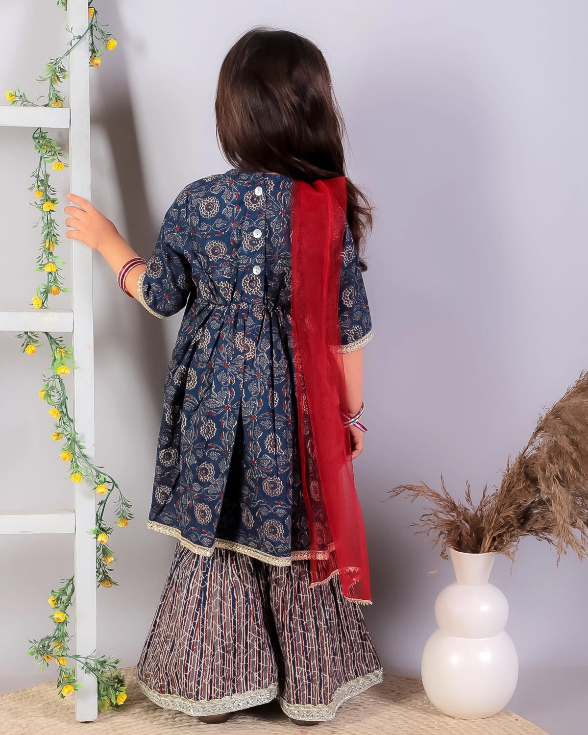 BownBee Alia Cut Pure Cotton Printed Kurta with Sharara and Dupatta for Girls