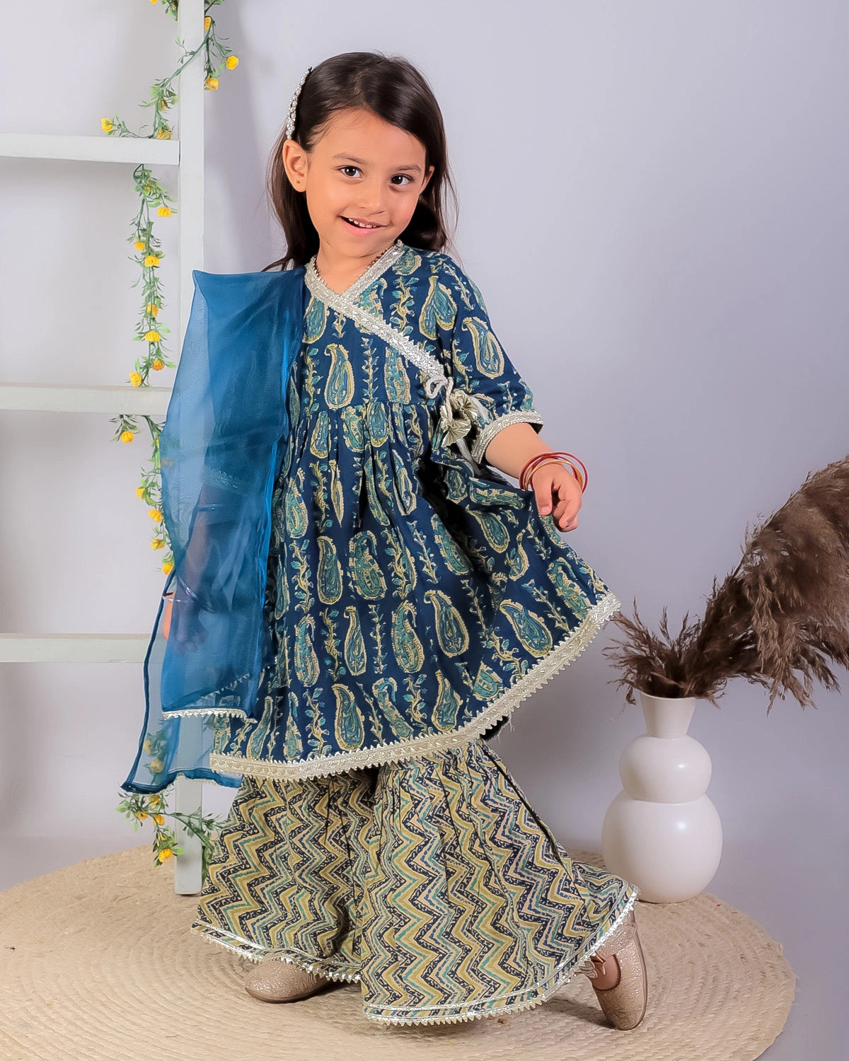 BownBee Alia Cut Pure Cotton Printed Kurta with Sharara and Dupatta for Girls