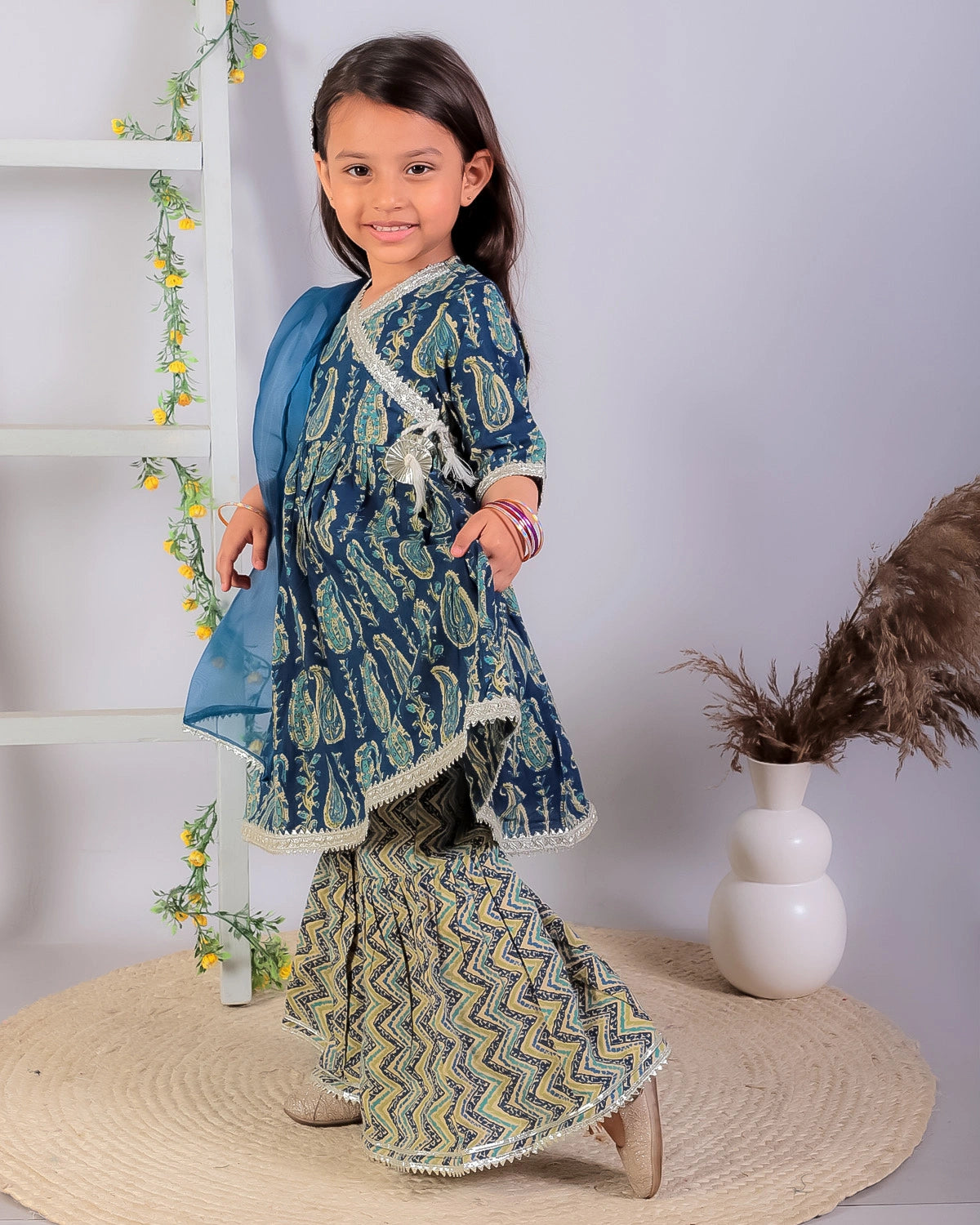 BownBee Alia Cut Pure Cotton Printed Kurta with Sharara and Dupatta for Girls