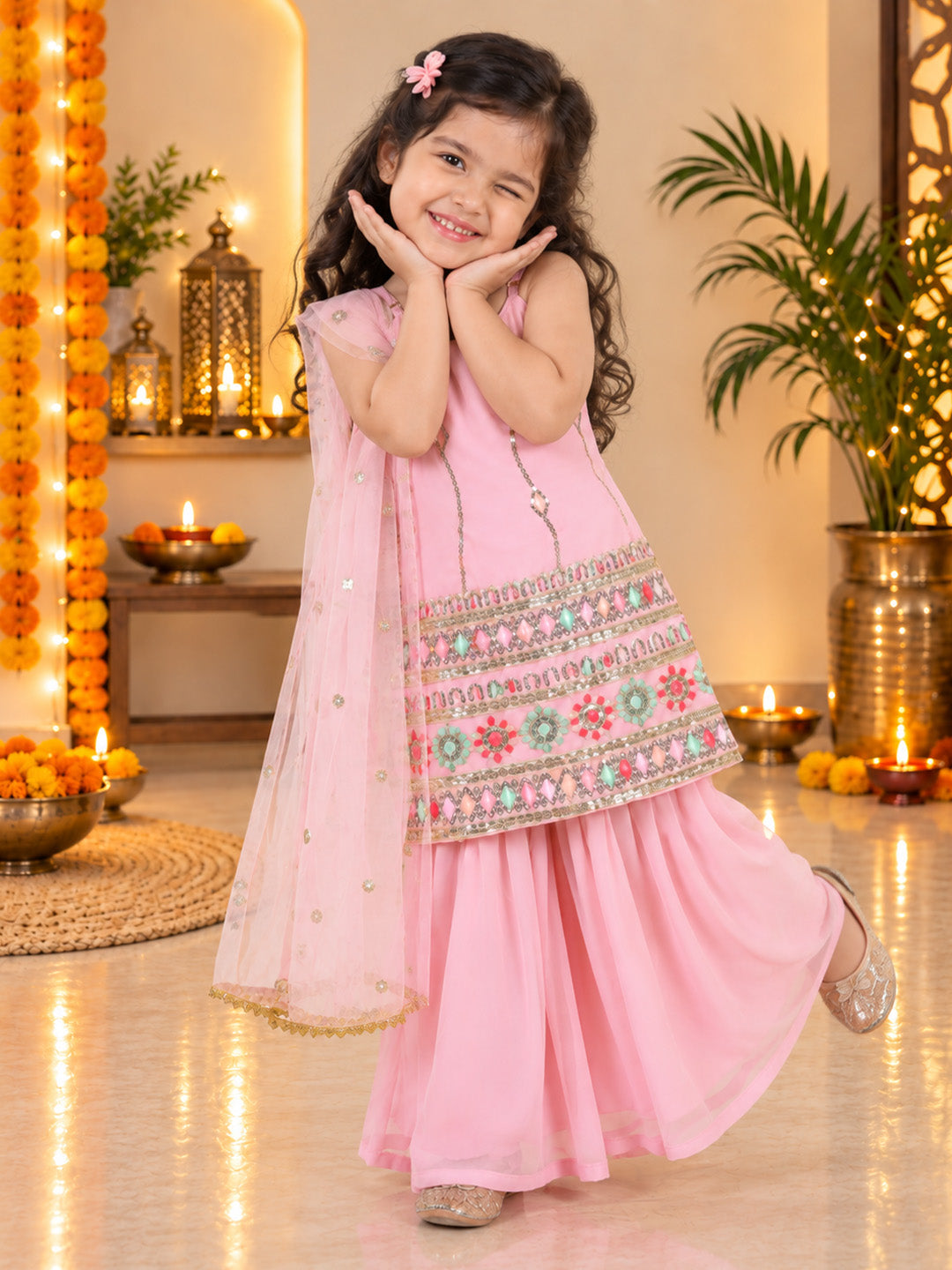 BownBee Embroidered Georgette Kurti & Sharara With Dupatta Set For Girls- Pink