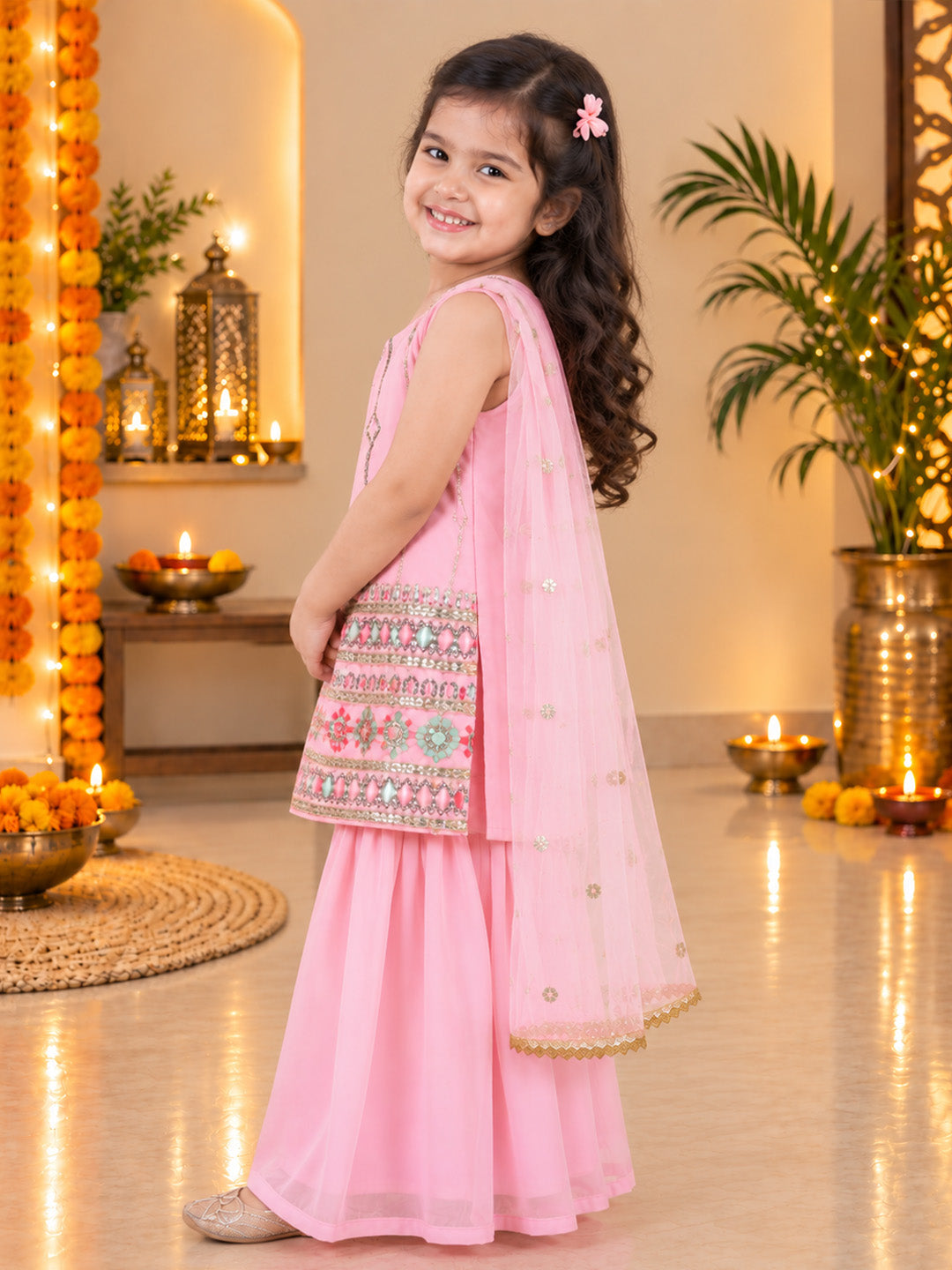 BownBee Embroidered Georgette Kurti & Sharara With Dupatta Set For Girls- Pink