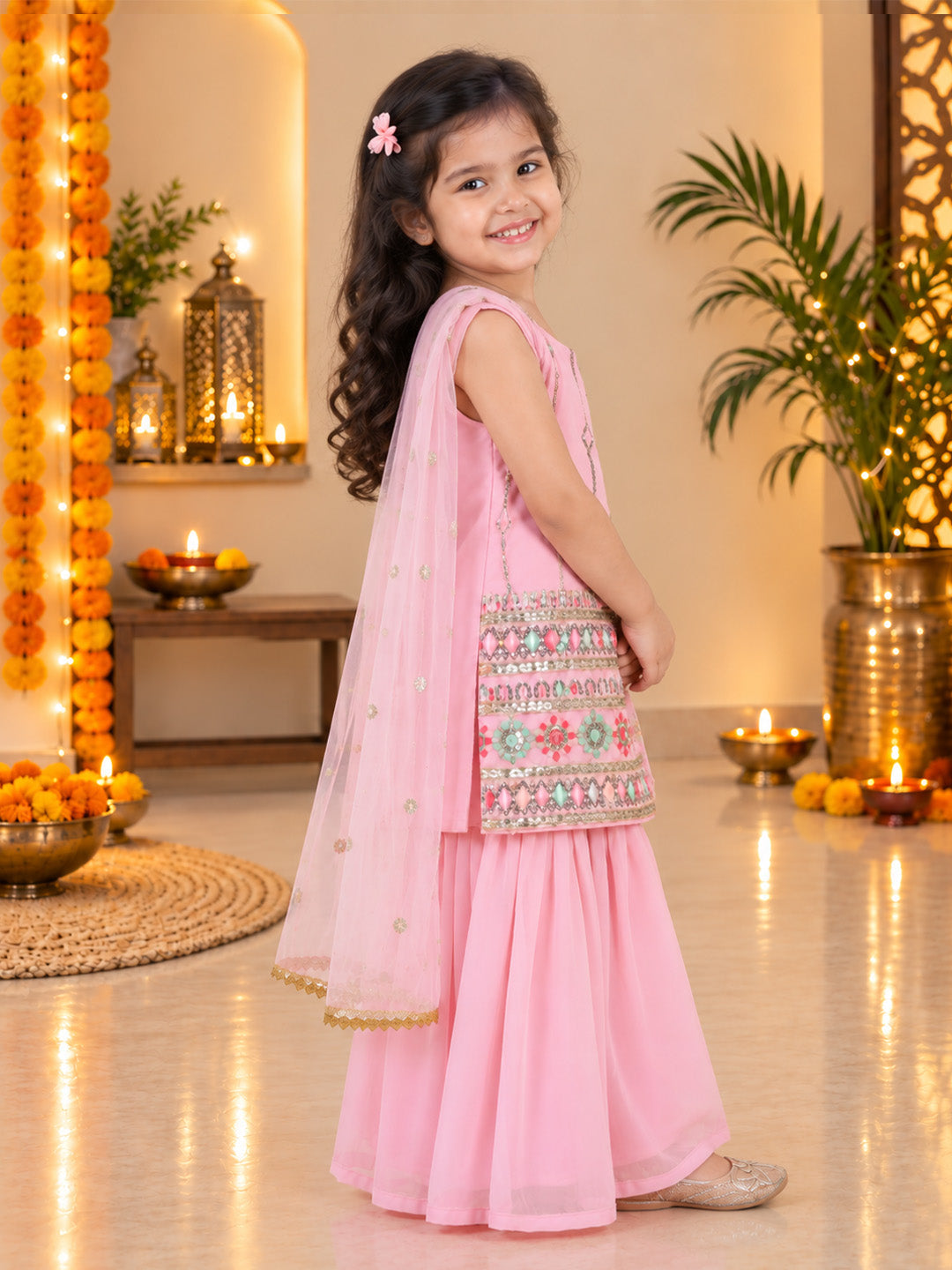 BownBee Embroidered Georgette Kurti & Sharara With Dupatta Set For Girls- Pink