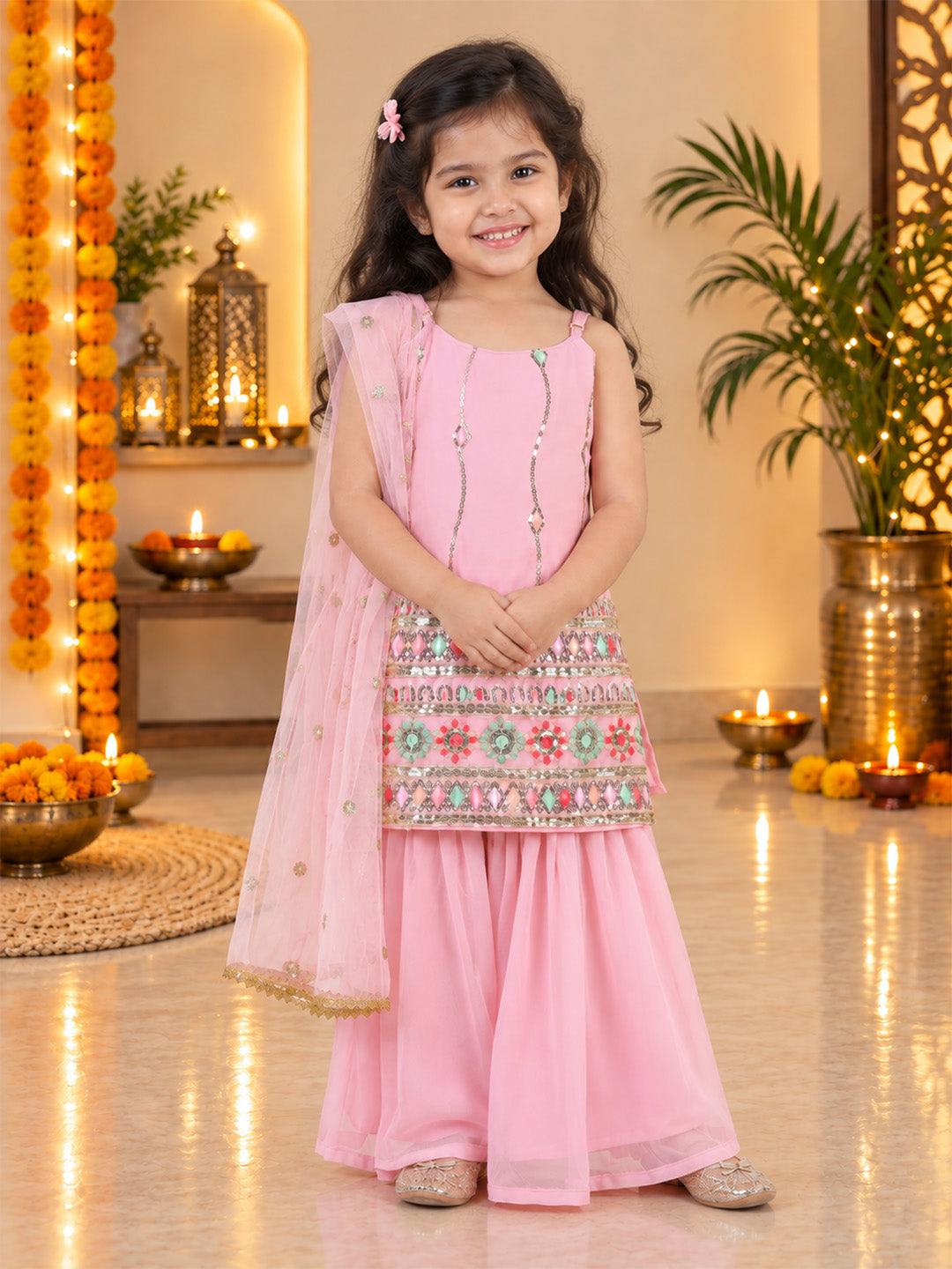 BownBee Embroidered Georgette Kurti & Sharara With Dupatta Set For Girls- Pink
