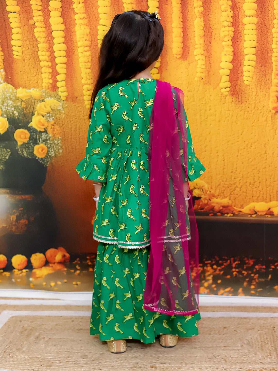 BownBee Bird Print Pure Cotton Kurta with Sharara and Dupatta for Girls