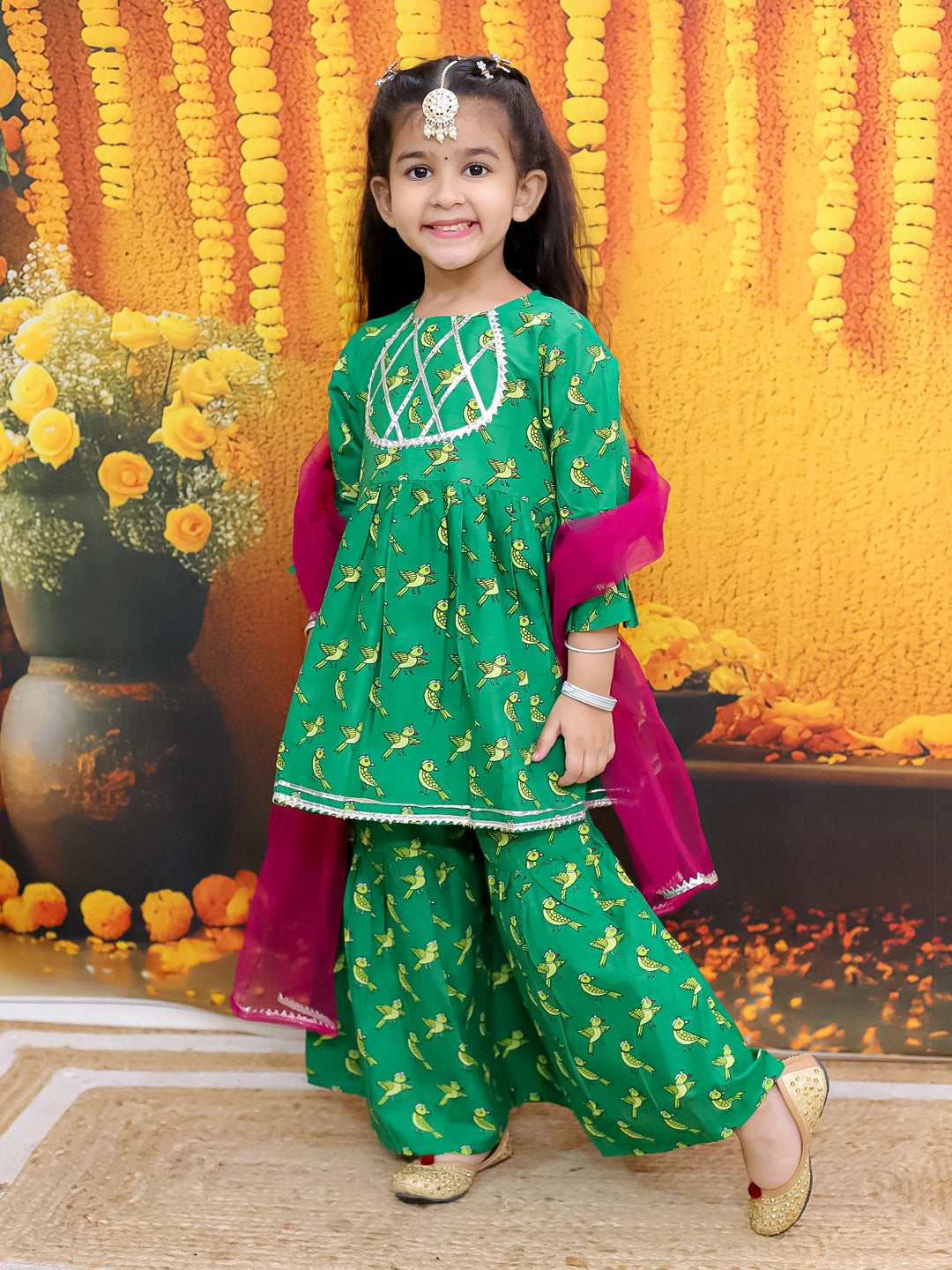 BownBee Bird Print Pure Cotton Kurta with Sharara and Dupatta for Girls