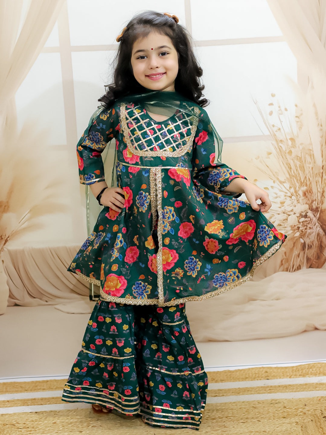 BownBee Pure Cotton Printed Kurta Pajama and Jacket Set for Boys with Pure Cotton Kurta Sharara Dupatta Set for Girls - Green