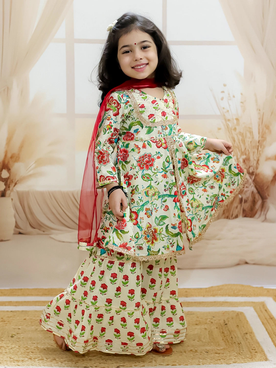 BownBee Pure Cotton Kurta with Sharara and Dupatta for Girls