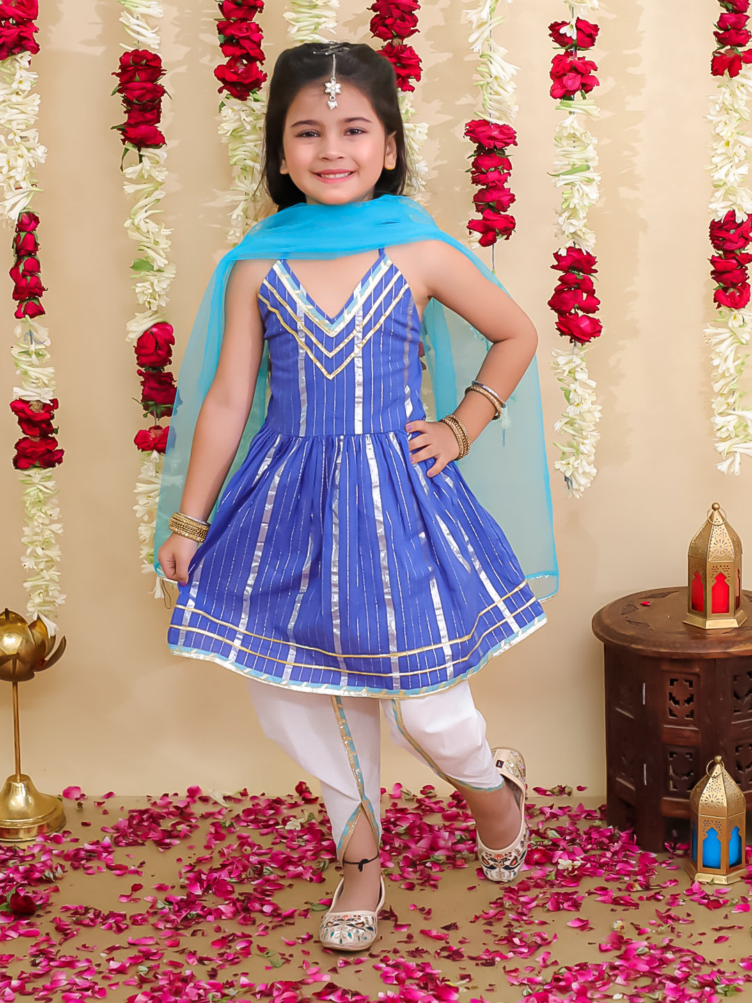 BownBee Pure Cotton Lurex Suit & Dhoti Kurta Sibling Set | Rakhi & Festive Outfit for Brothers and Sisters – Blue