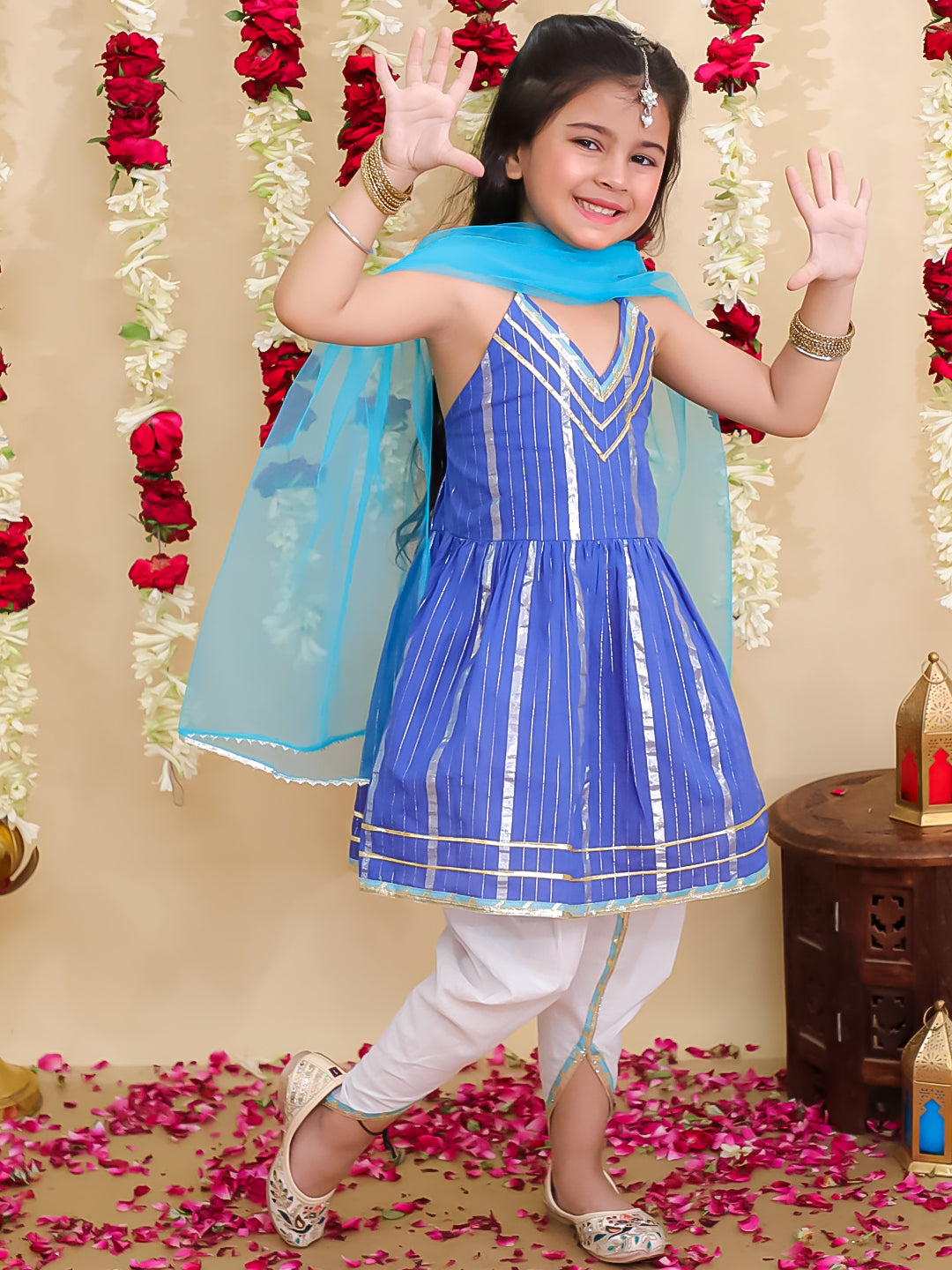 BownBee Pure Cotton Lurex Suit & Dhoti Kurta Sibling Set | Rakhi & Festive Outfit for Brothers and Sisters – Blue