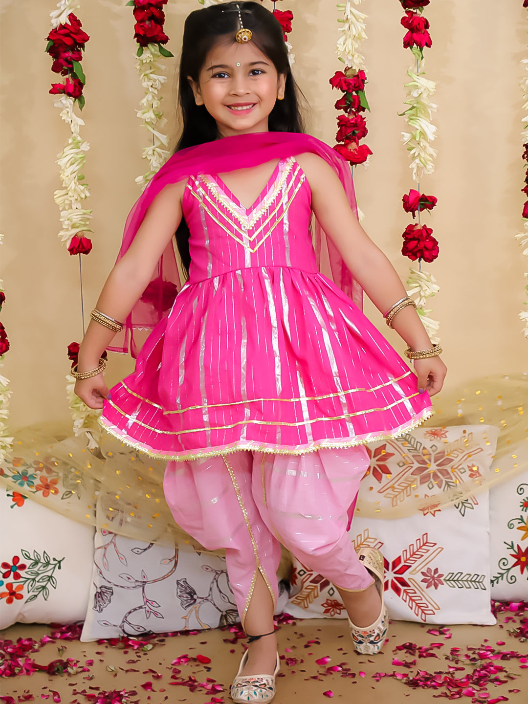 BownBee Pure Cotton Lurex Suit & Dhoti Kurta Sibling Set | Ethnic Wear for Brothers and Sisters - Pink