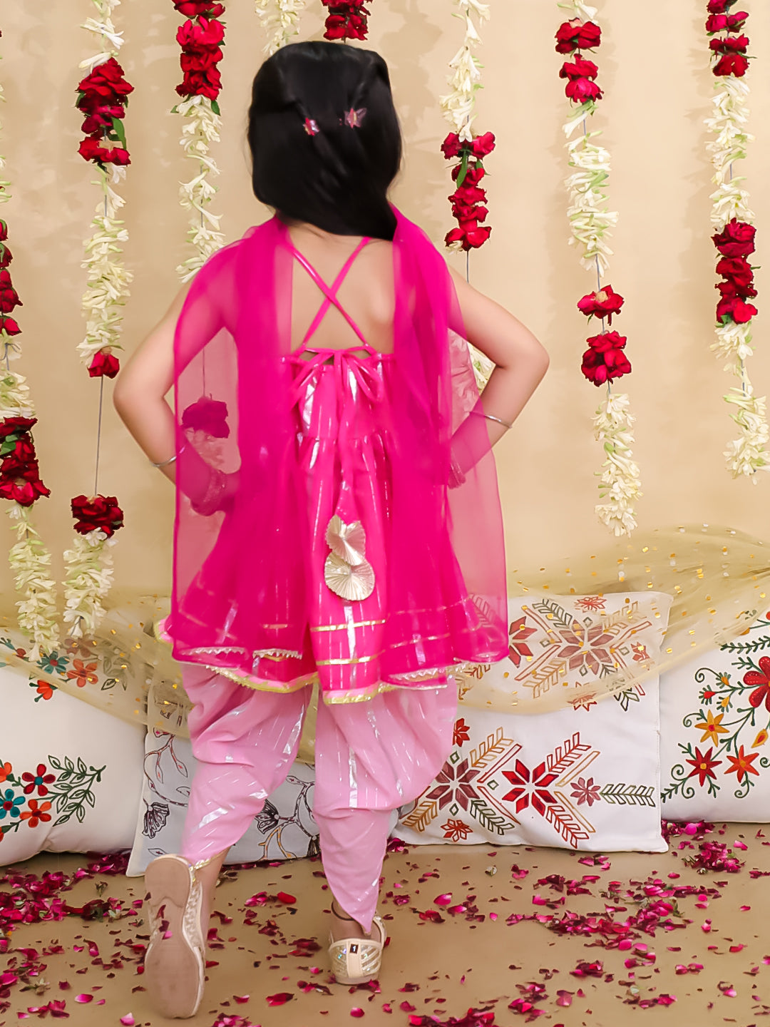 BownBee Pure Cotton Lurex Kurti with Dhoti & Dupatta Set for Girls | Kids Ethnic Wear - Blue