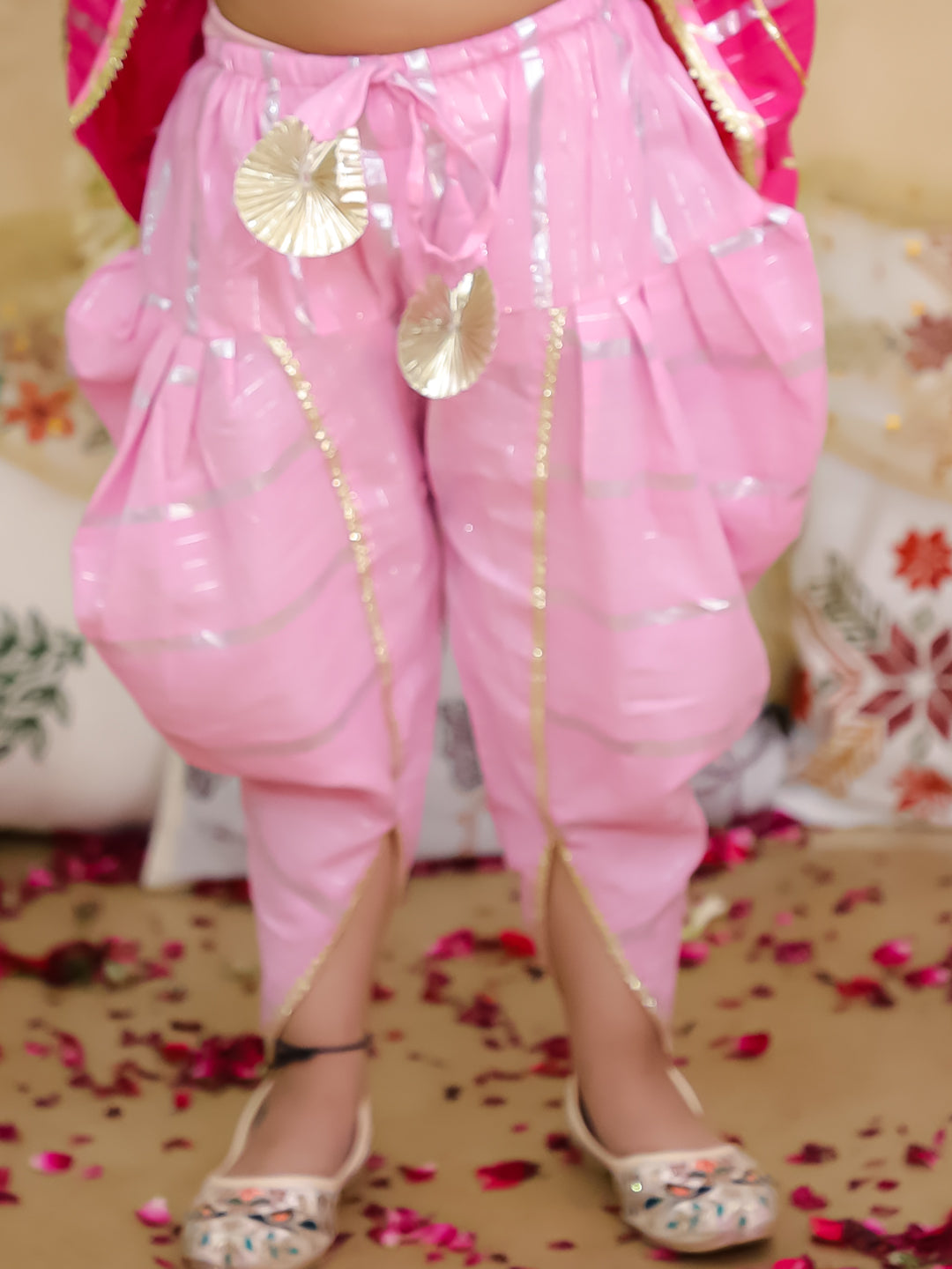 BownBee Pure Cotton Lurex Suit & Dhoti Kurta Sibling Set | Ethnic Wear for Brothers and Sisters - Pink