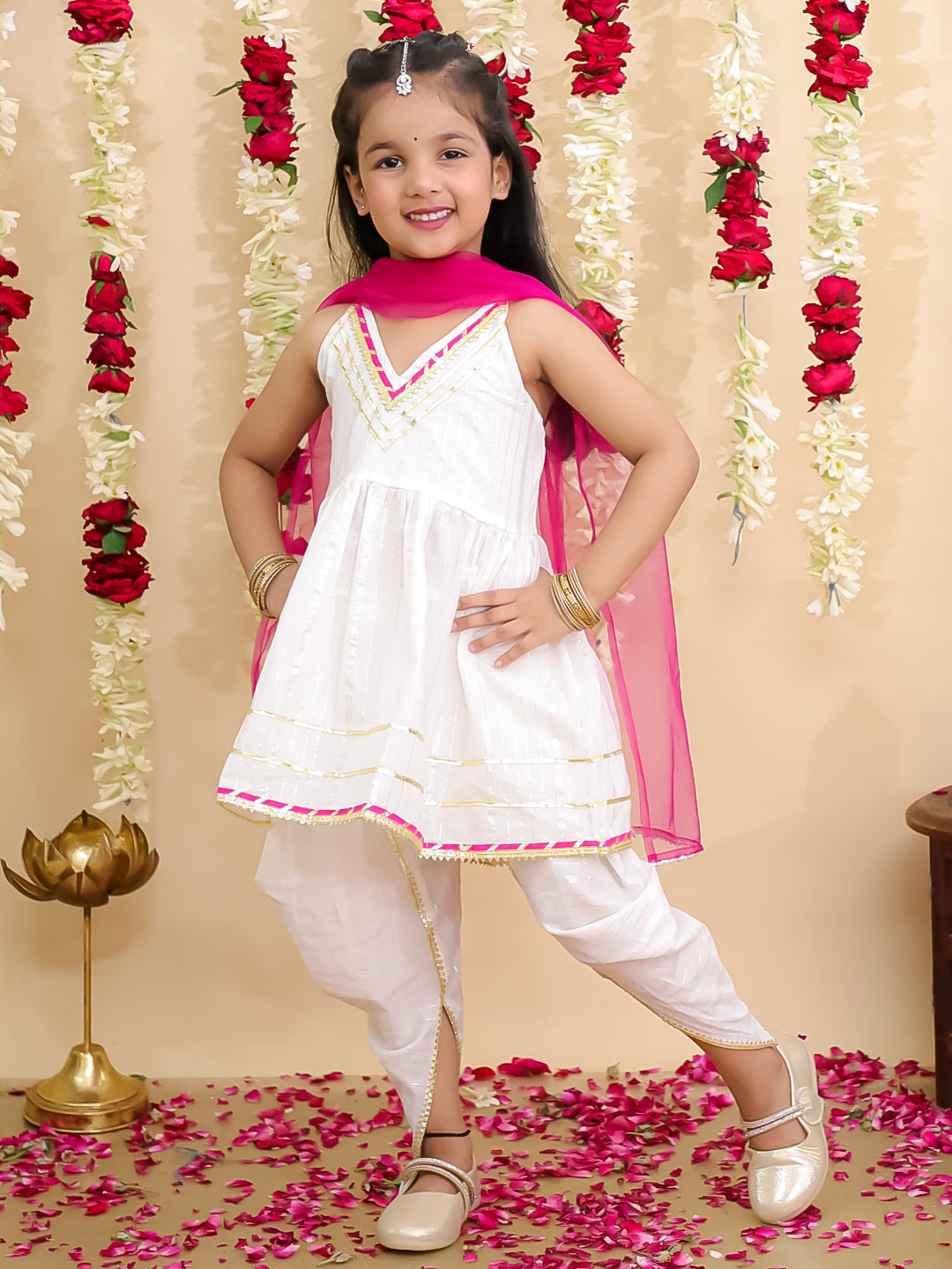 BownBee Pure Cotton Lurex Kurti with Dhoti & Dupatta Set for Girls | Kids Ethnic Wear - Blue