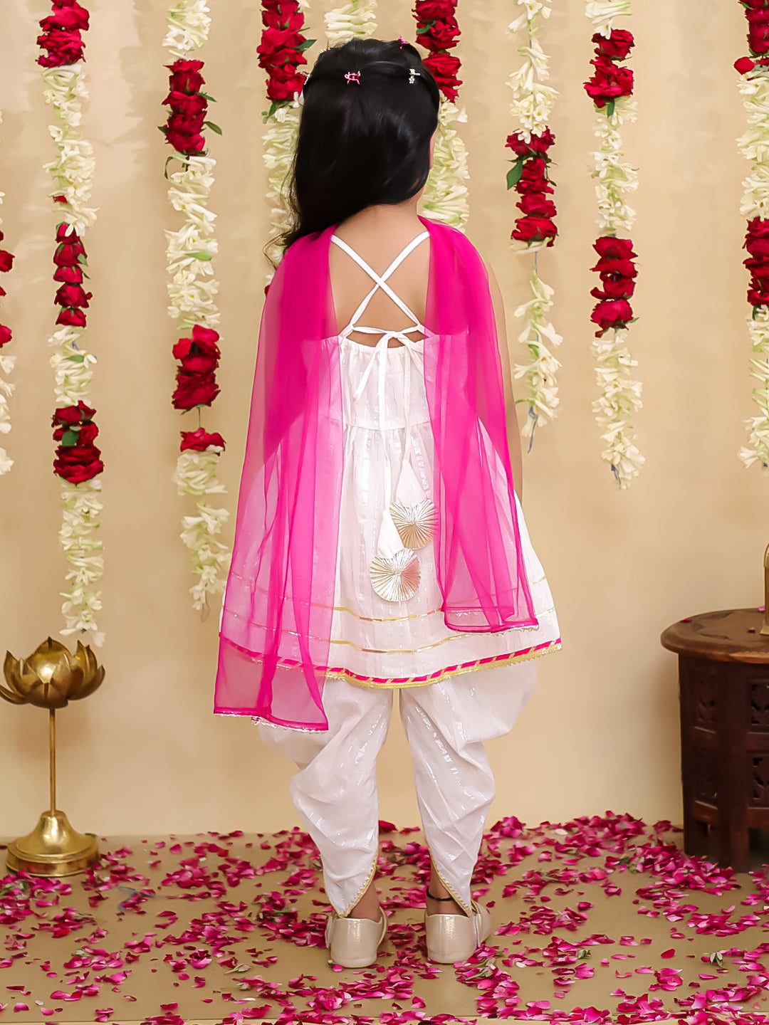 BownBee Pure Cotton Lurex Kurti with Dhoti & Dupatta Set for Girls | Kids Ethnic Wear - Blue