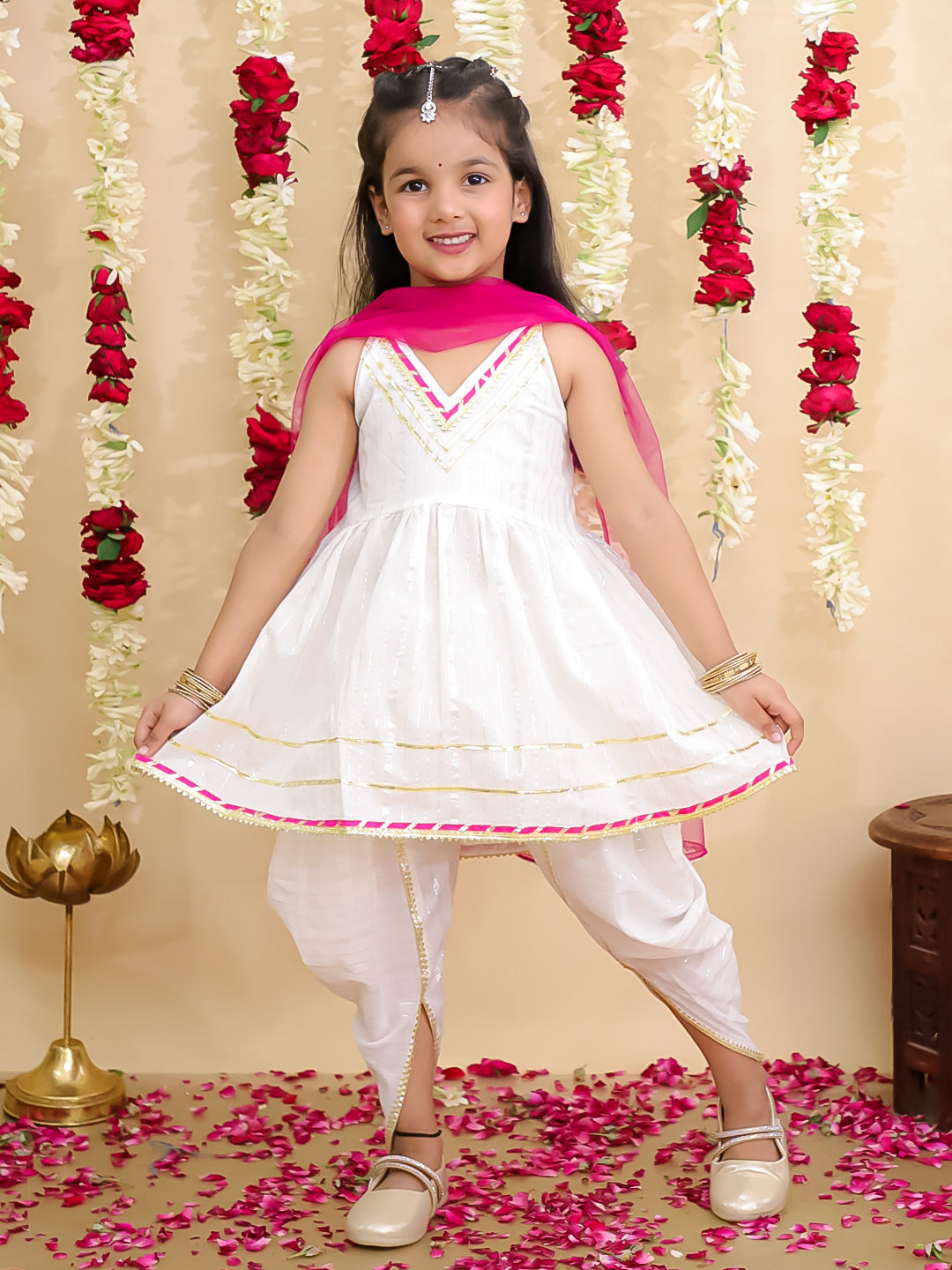 BownBee Pure Cotton Lurex Suit & Dhoti Kurta Sibling Set | Ethnic Wear for Brothers and Sisters - White