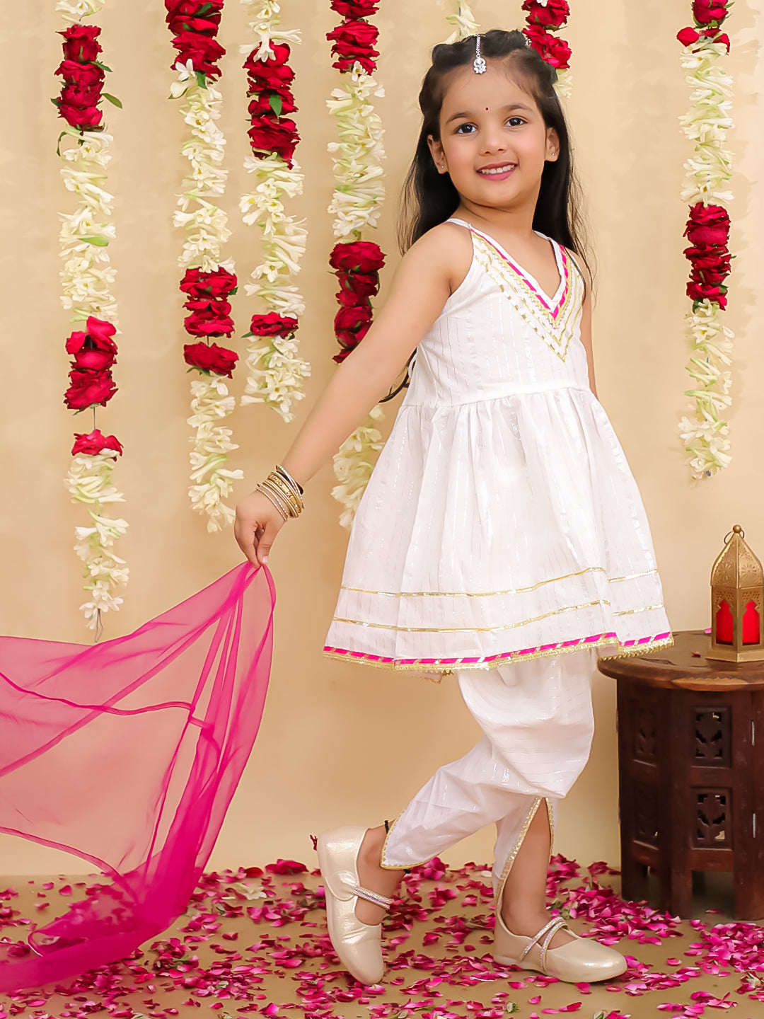 BownBee Pure Cotton Lurex Suit & Dhoti Kurta Sibling Set | Ethnic Wear for Brothers and Sisters - White