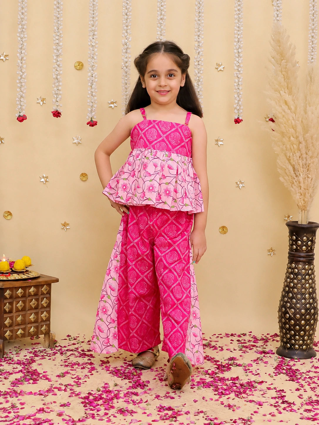 BownBee Pure Cotton Printed Short Kurta & Top With Flared Pants Sibling Set