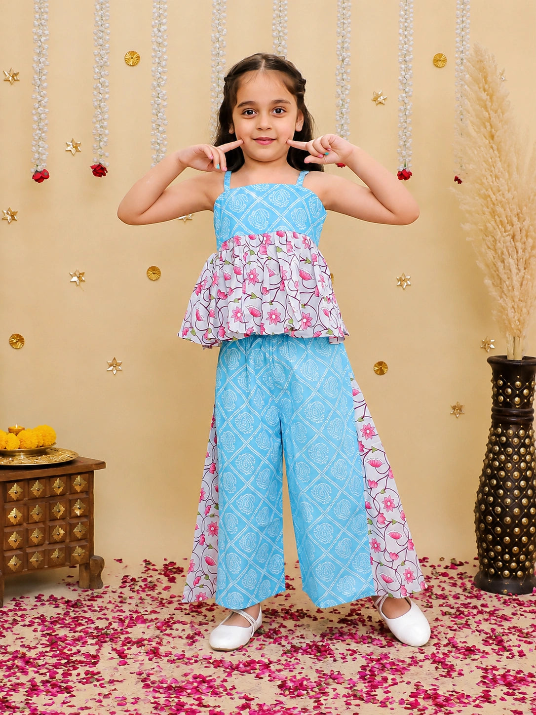 BownBee Pure Cotton Printed Short Kurta & Top With Flared Pants Sibling Set