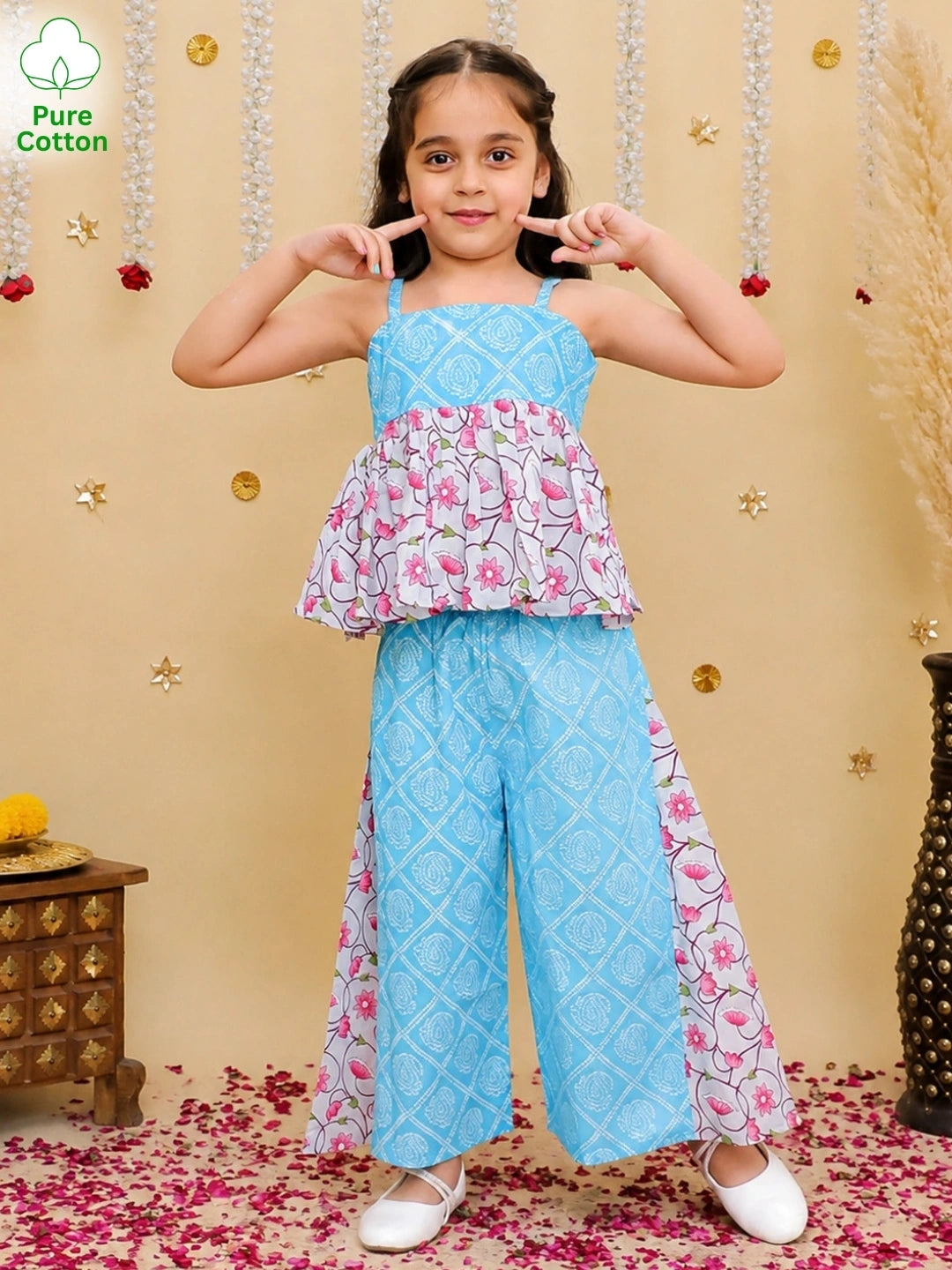 BownBee Pure Cotton Printed Top With Flared Pants For Girls