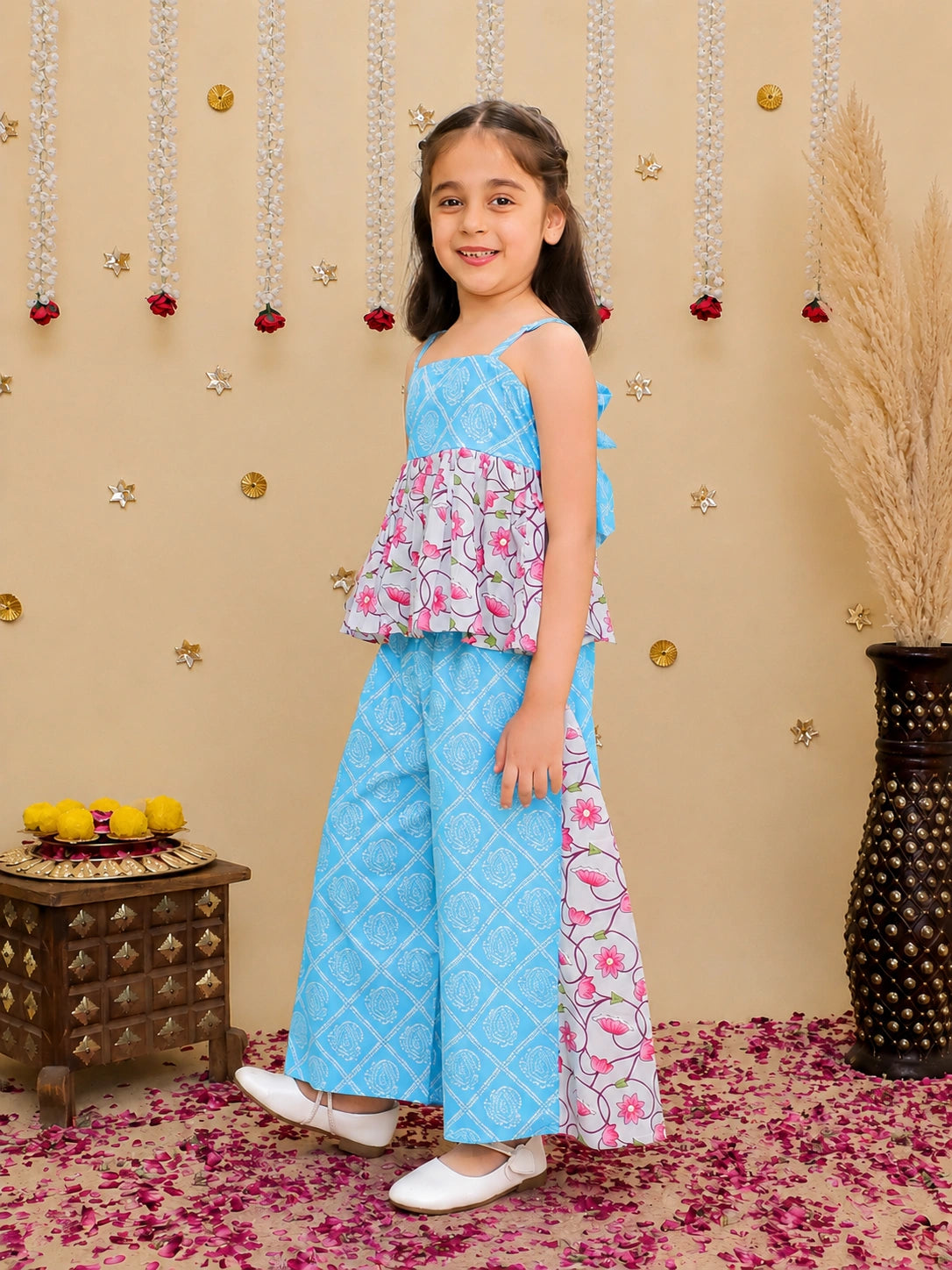 BownBee Pure Cotton Printed Short Kurta & Top With Flared Pants Sibling Set