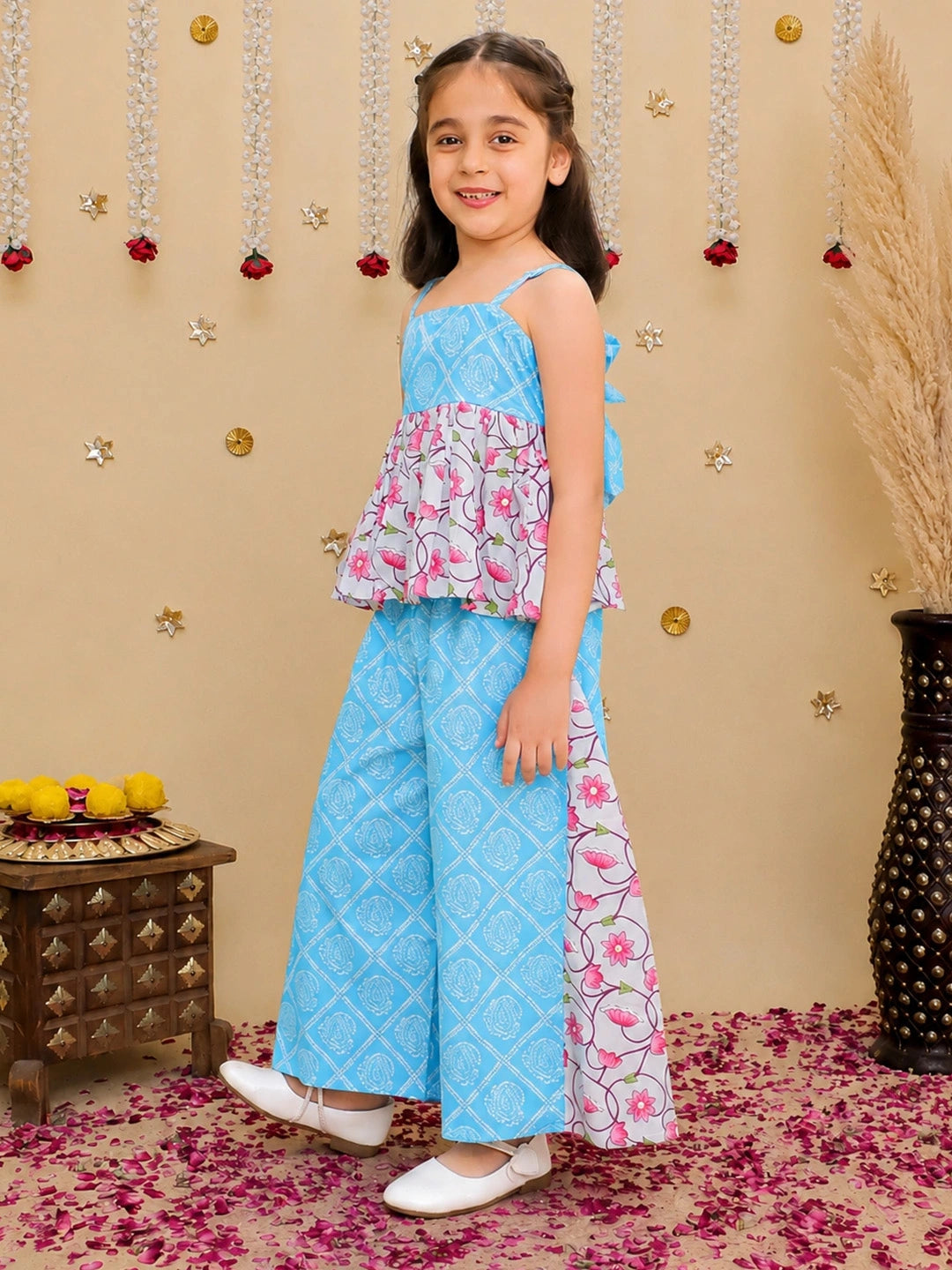 BownBee Pure Cotton Printed Top With Flared Pants For Girls