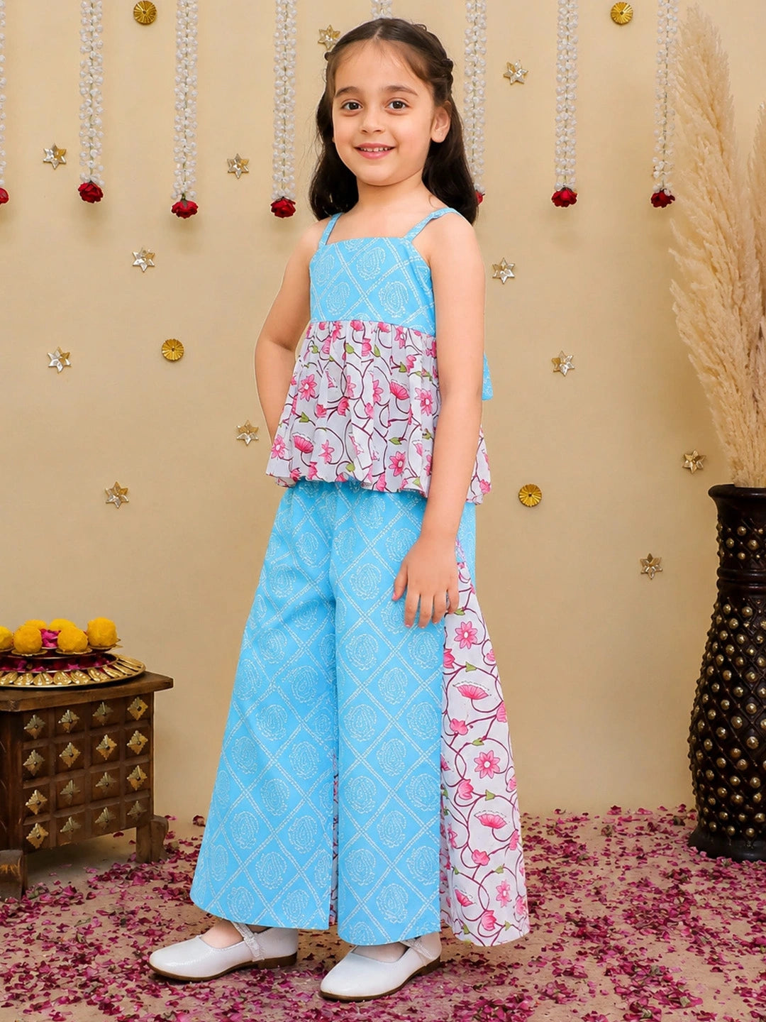 BownBee Pure Cotton Printed Top With Flared Pants For Girls