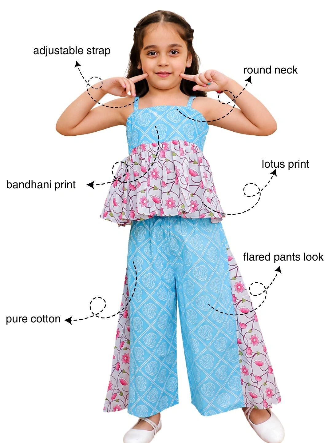 BownBee Pure Cotton Printed Top With Flared Pants For Girls