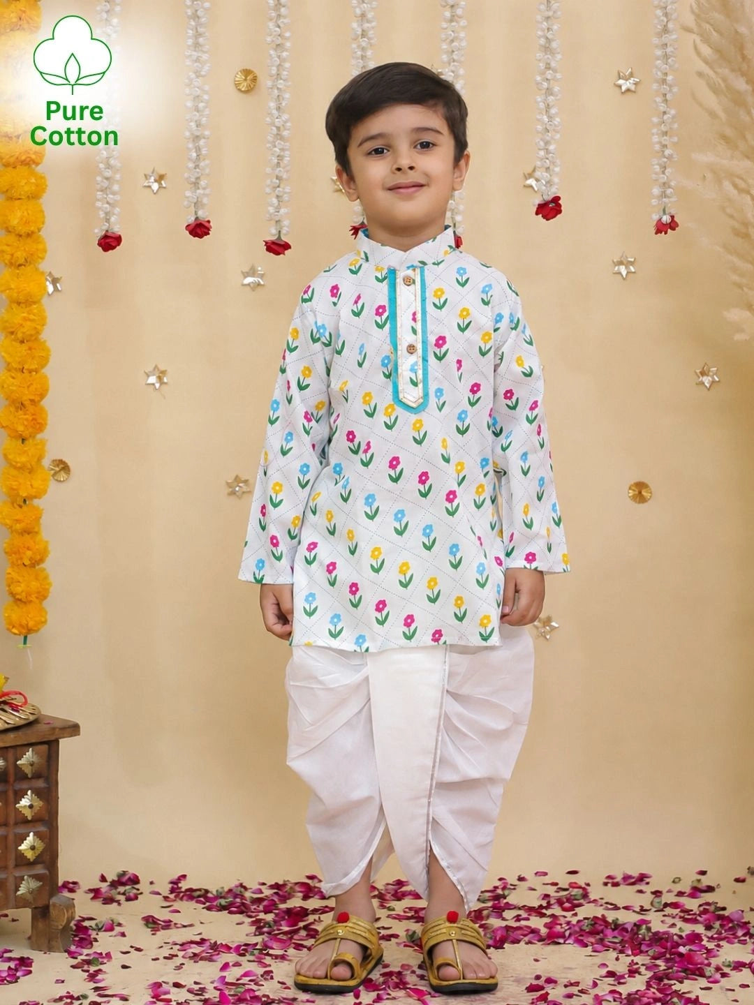 BownBee Pure Cotton Dhoti Kurta & Bandana Set Combo