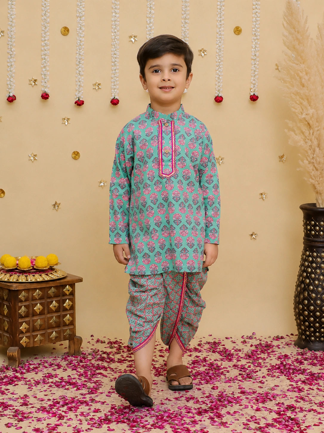BownBee Pure Cotton Dhoti Kurta & Halter Kurti With Harem Sibling Set