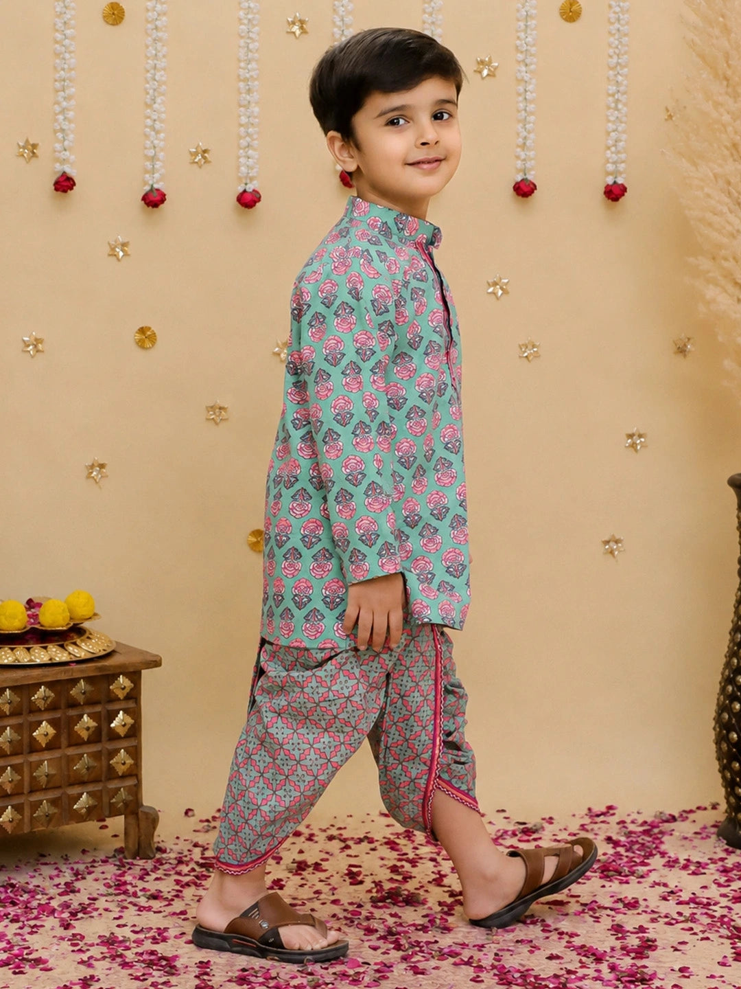 BownBee Fullsleeves Printed Kurta Dhoti Set For Boys