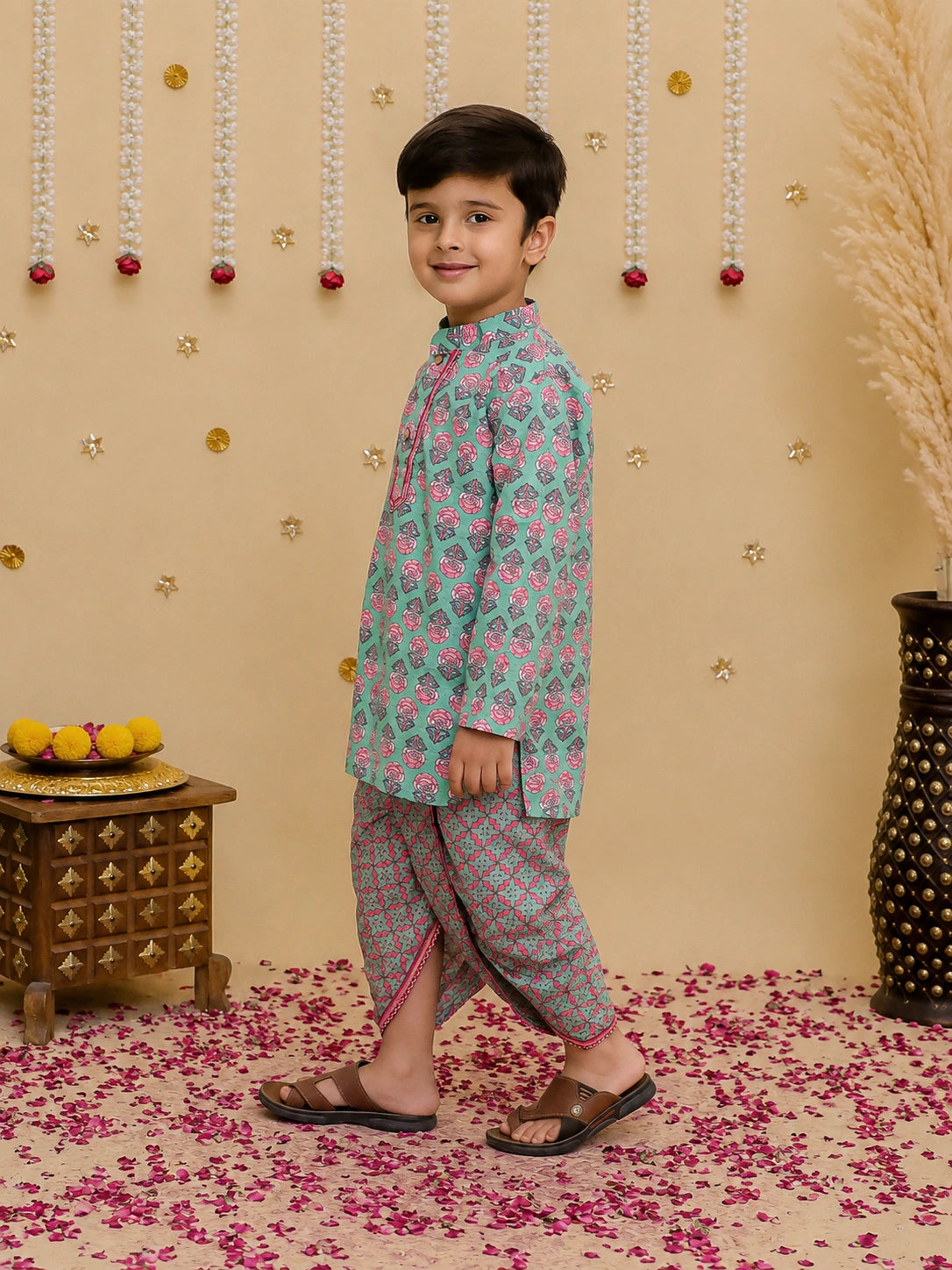 BownBee Pure Cotton Dhoti Kurta & Halter Kurti With Harem Sibling Set