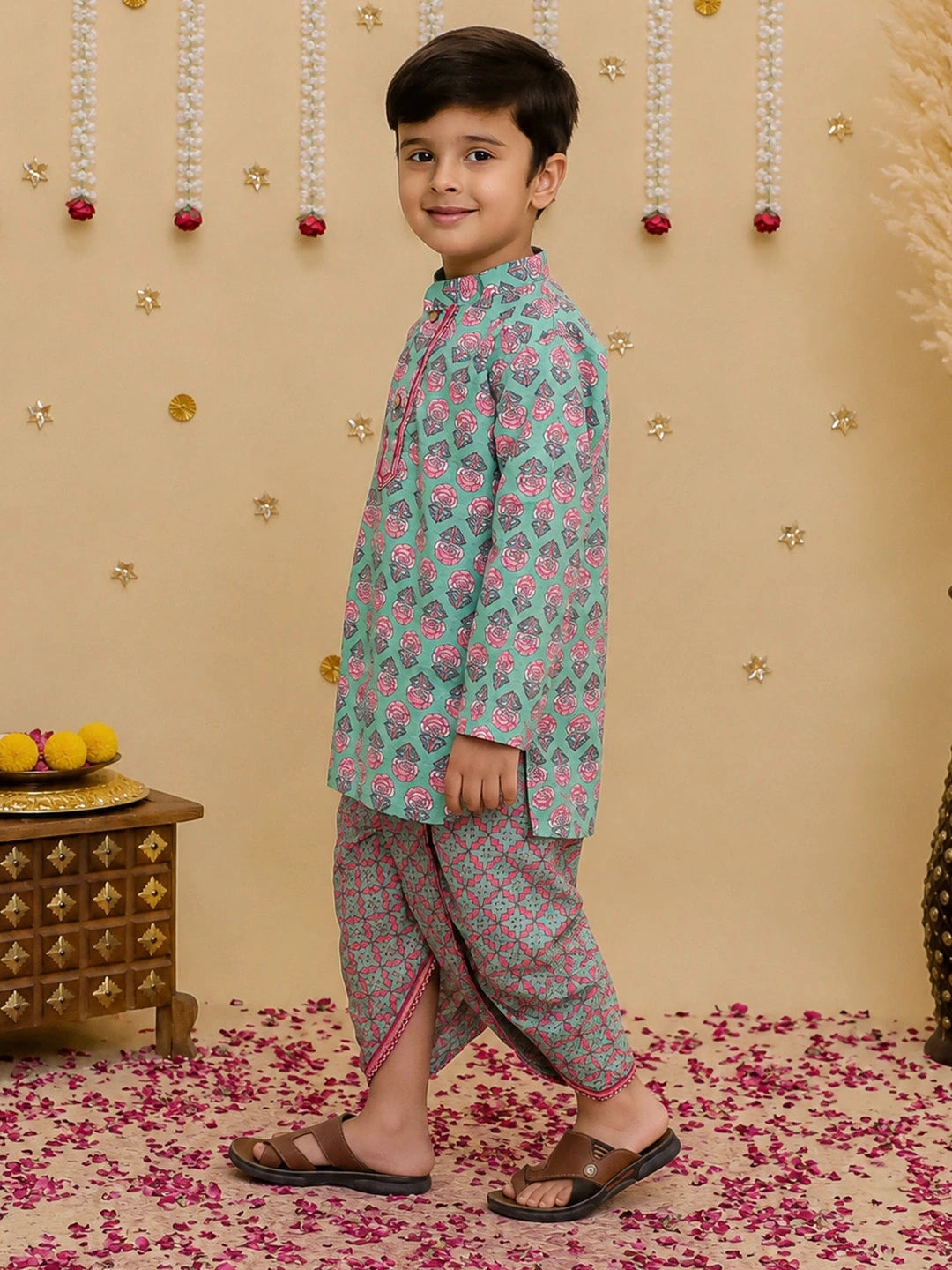 BownBee Fullsleeves Printed Kurta Dhoti Set For Boys