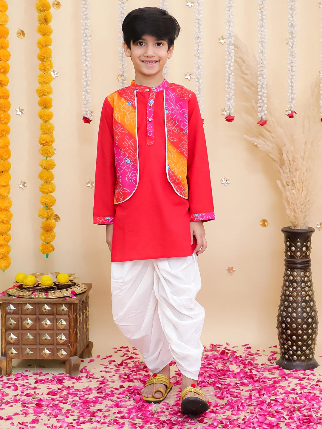 BownBee Pure Cotton Dhoti Kurta With Attached Jacket & Ethnic Suit With Dupatta Sibling Set