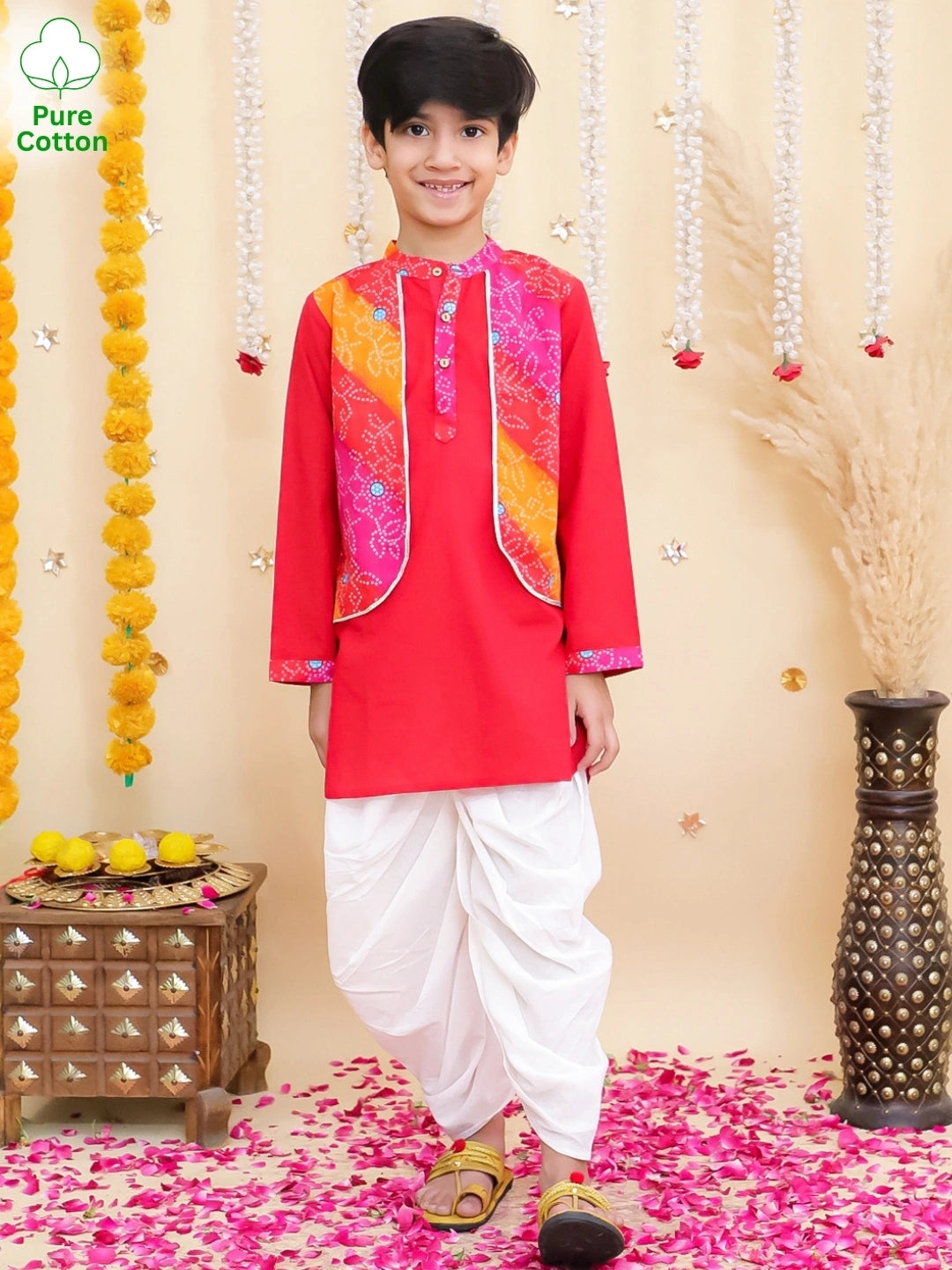 BownBee Pure Cotton Dhoti Kurta With Attached Jacket Set For Boys