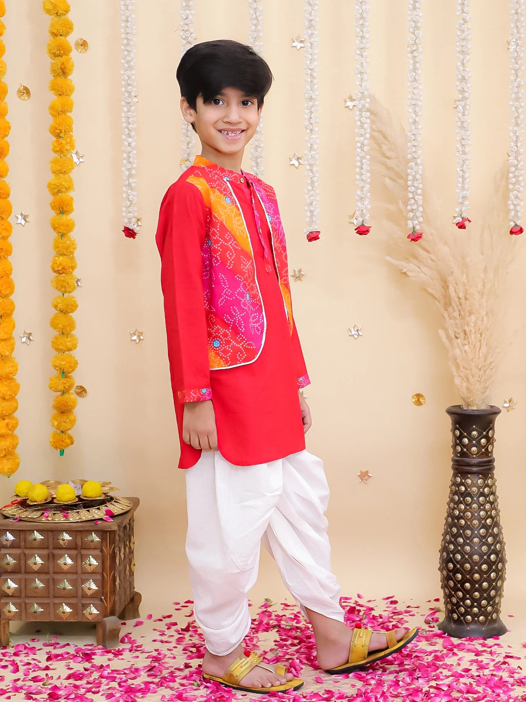 BownBee Pure Cotton Dhoti Kurta With Attached Jacket & Ethnic Suit With Dupatta Sibling Set